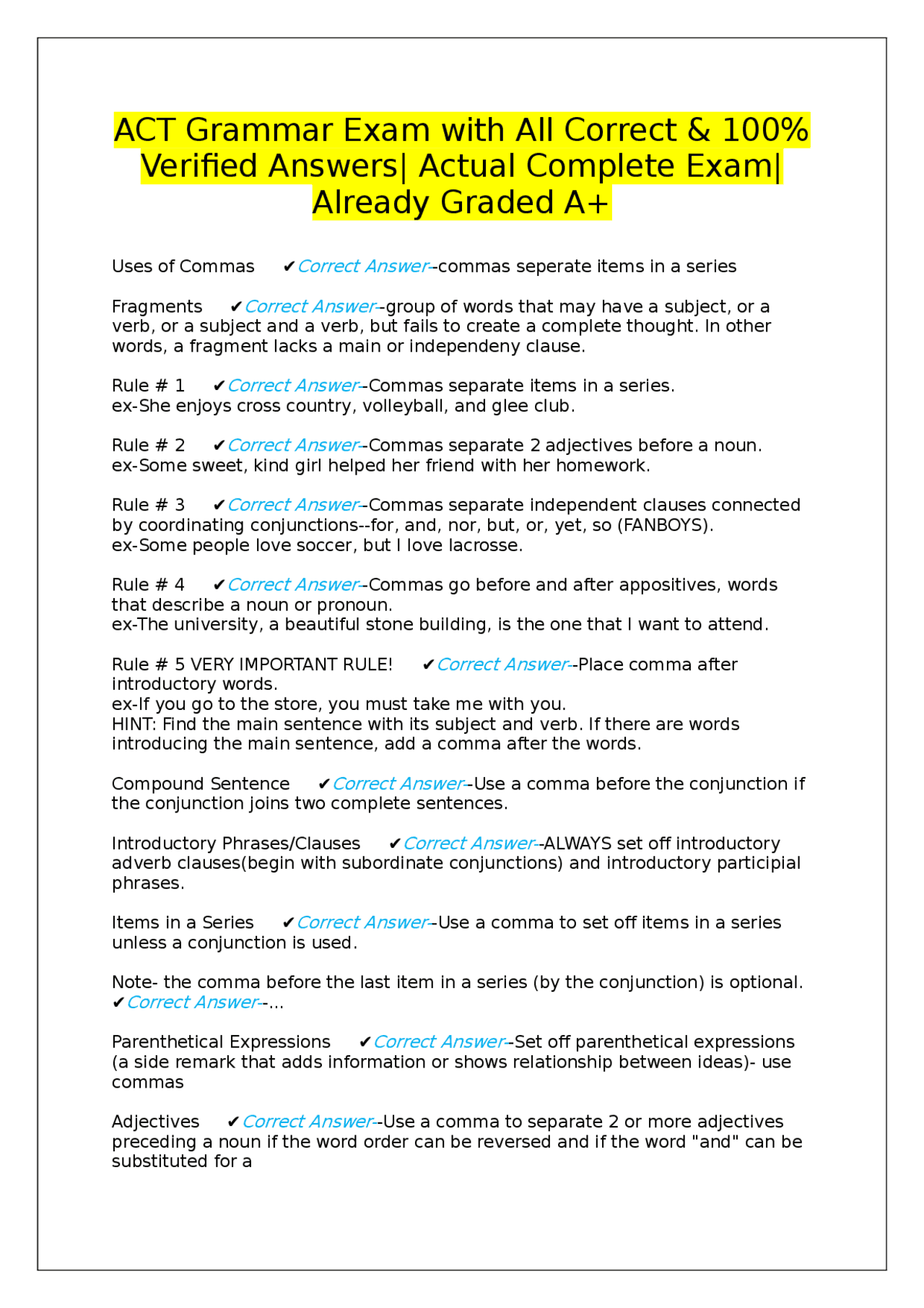 ACT Grammar Exam with All Correct & 100% Verified Answers| Actual ...