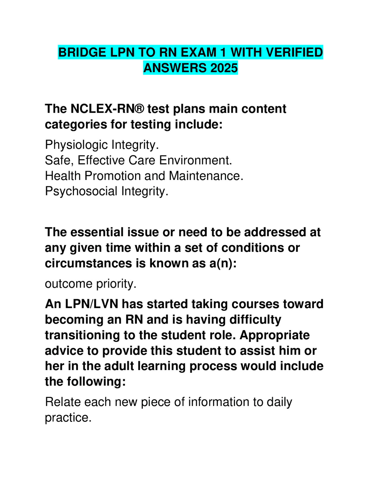 BRIDGE LPN TO RN EXAM 1 WITH VERIFIED ANSWERS 2025 | Exams Nursing | Docsity