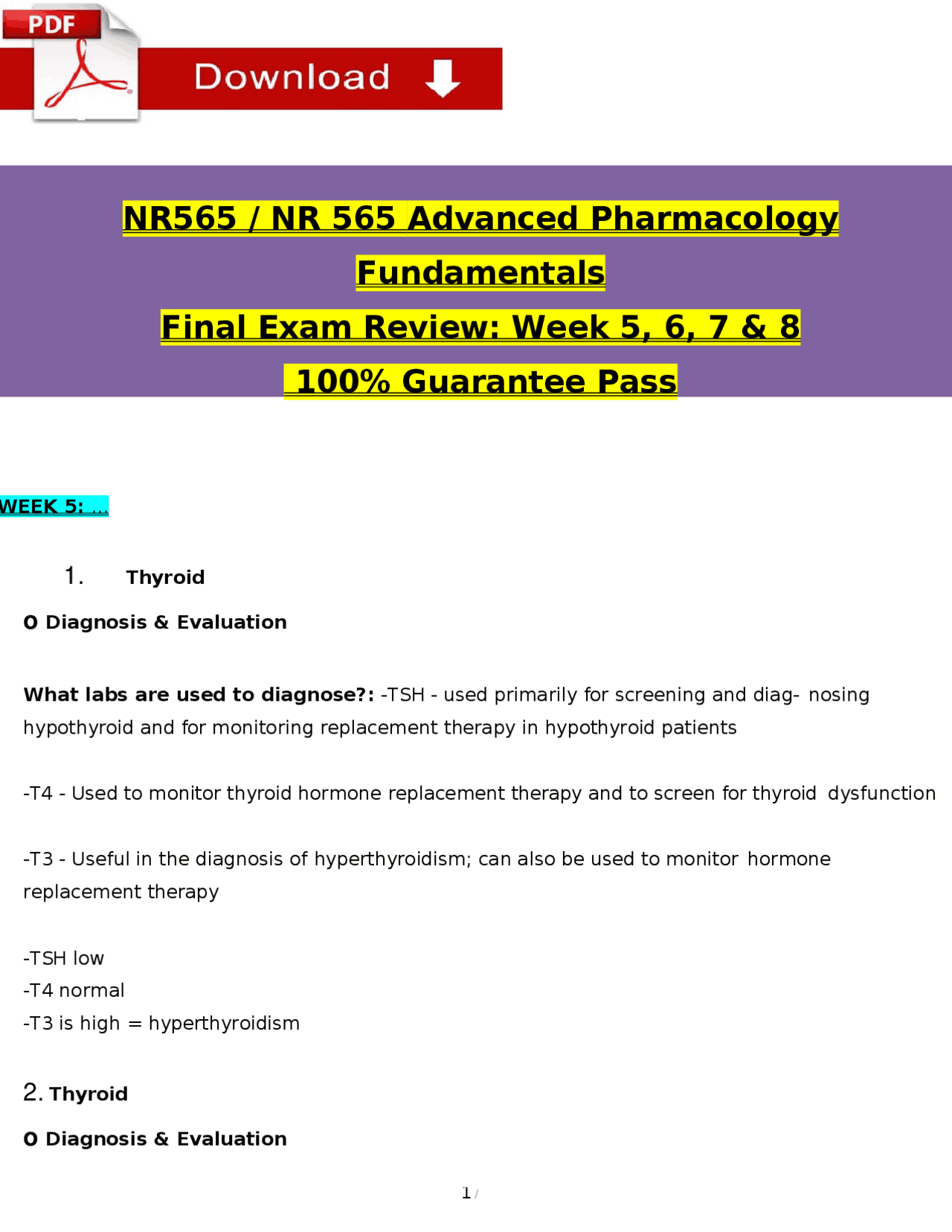 NR 565 Advanced Pharmacology Final Exam Review 2026 – Weeks 5–8 Study ...