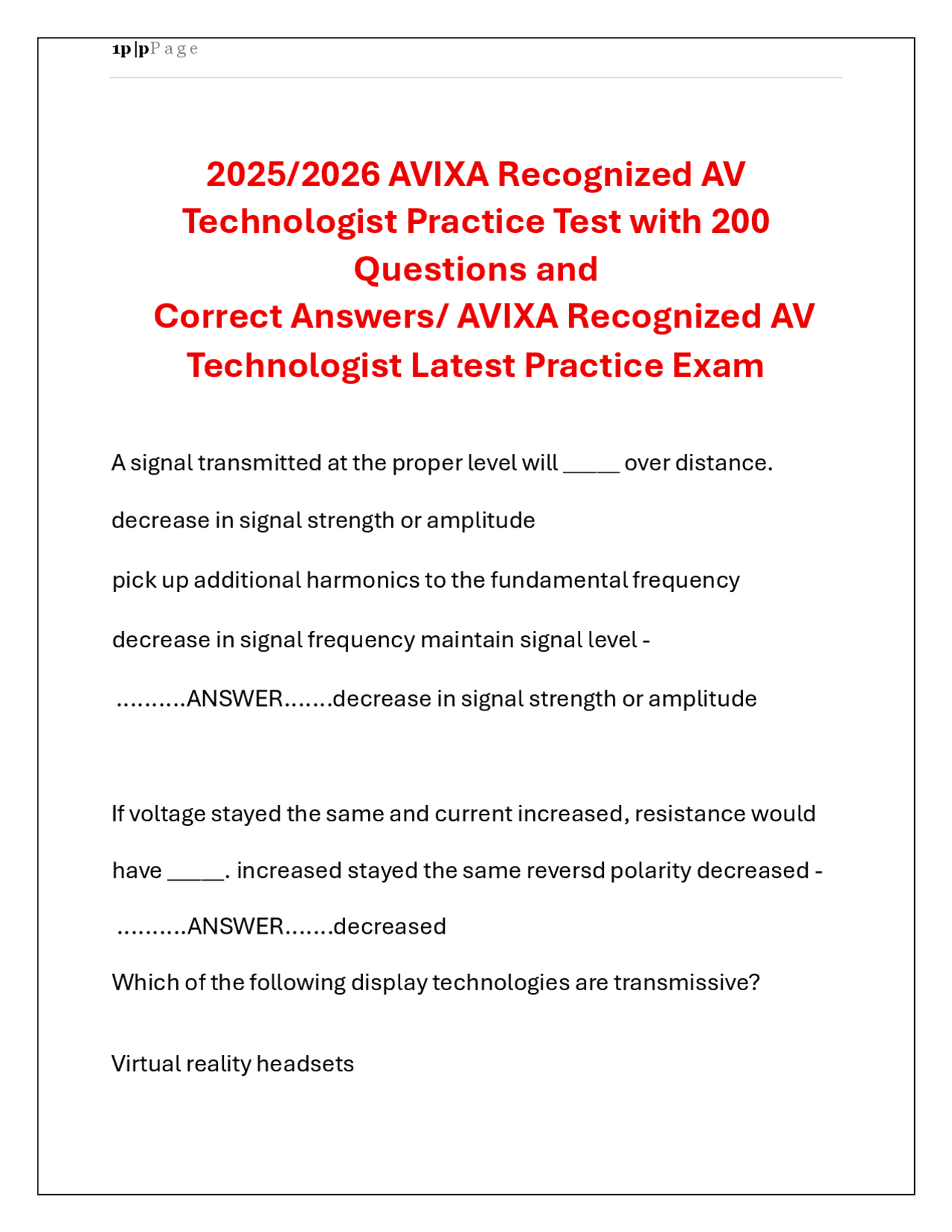 2025/2026 AVIXA Recognized AV Technologist Practice Test with 200 ...