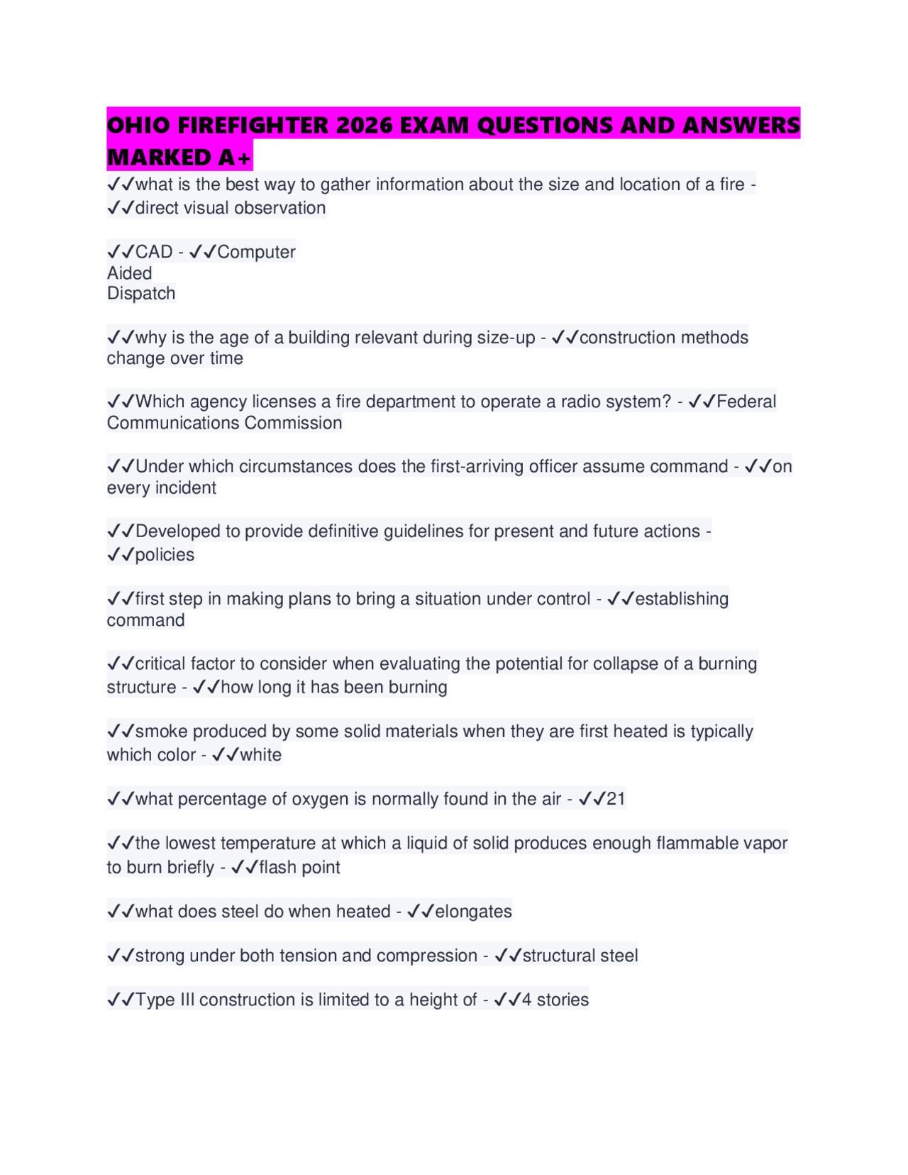 OHIO FIREFIGHTER 2026 EXAM QUESTIONS AND ANSWERS MARKED A+ | Exams ...