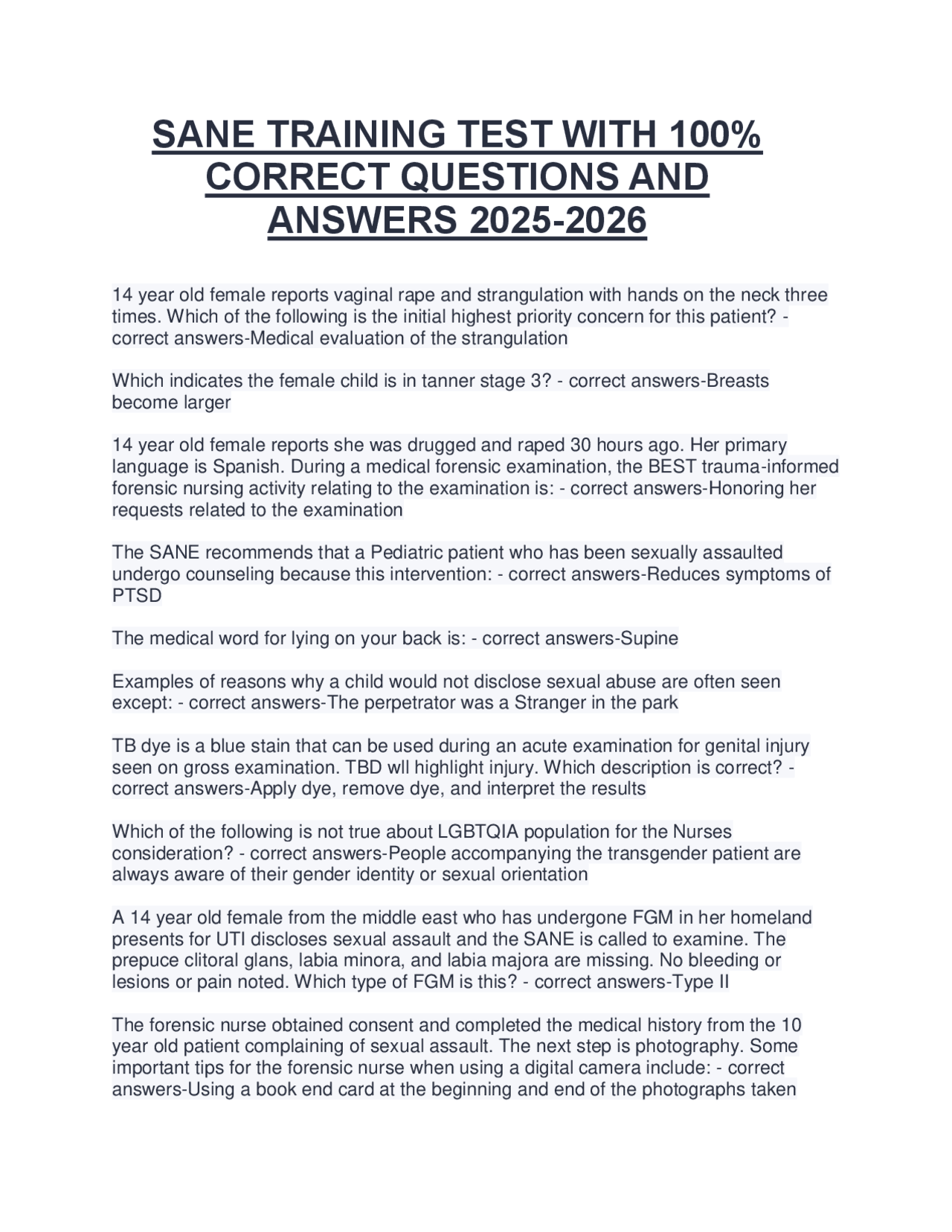Sane Form SANE Training Test: Questions and Answers for 2025-2026 | Exams Nursing ...