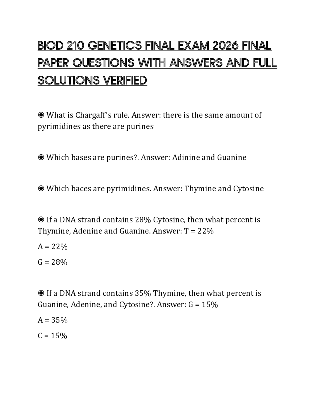 BIOD 210 GENETICS FINAL EXAM 2026 FINAL PAPER QUESTIONS WITH ANSWERS ...
