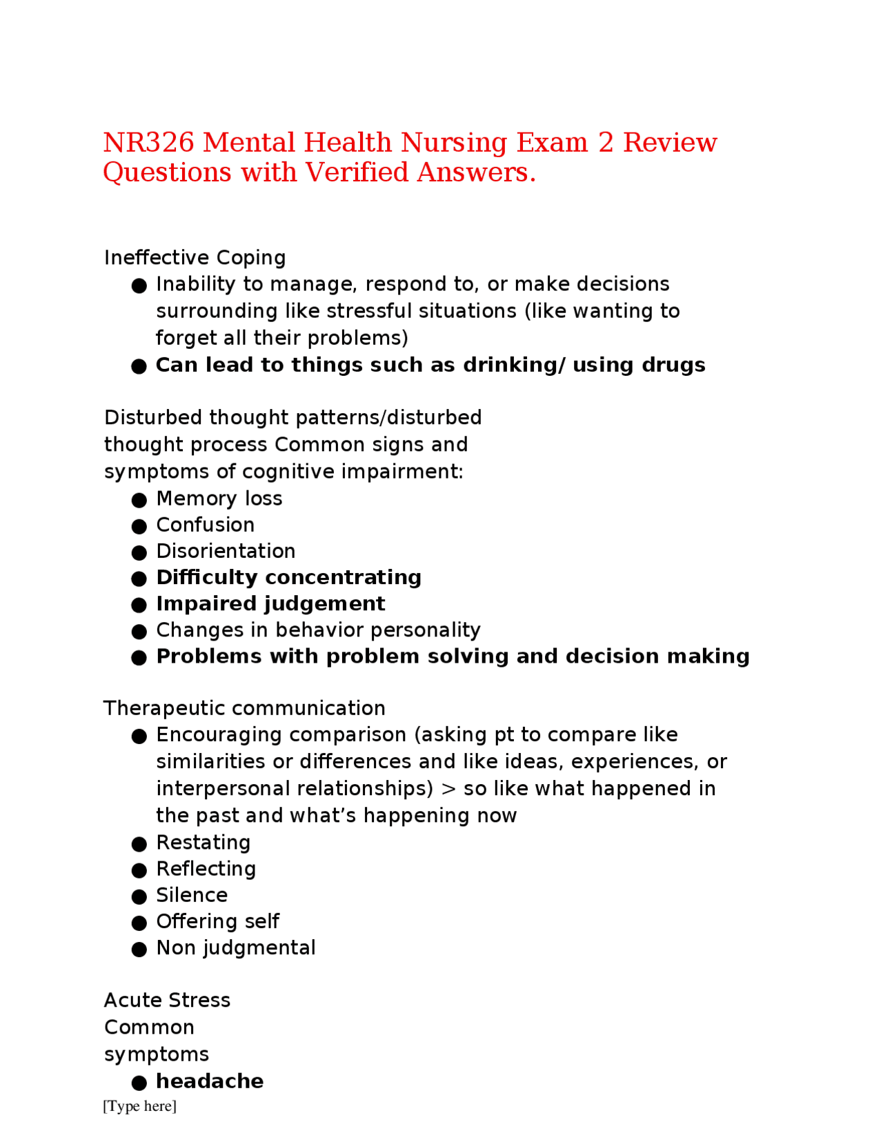 NR326 Mental Health Nursing Exam 2 Review Questions with Verified ...
