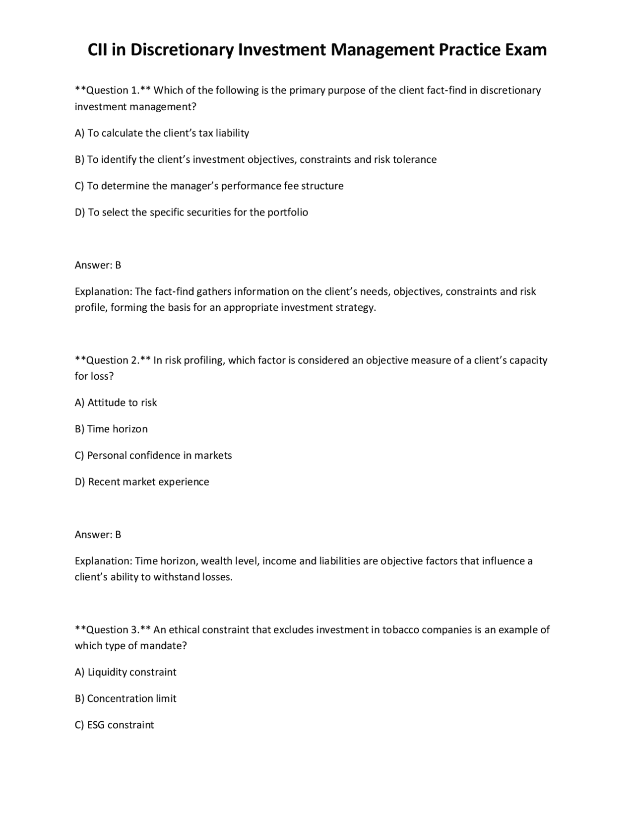 Cii Practice Test CII in Discretionary Investment Management Practice Exam | Exams ...