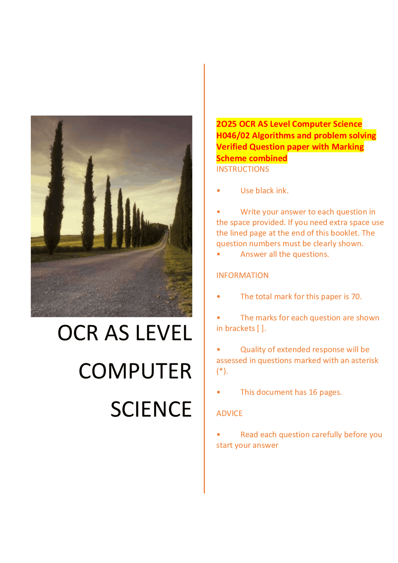 OCR AS Level Computer Science Exam Paper: Algorithms and Problem ...