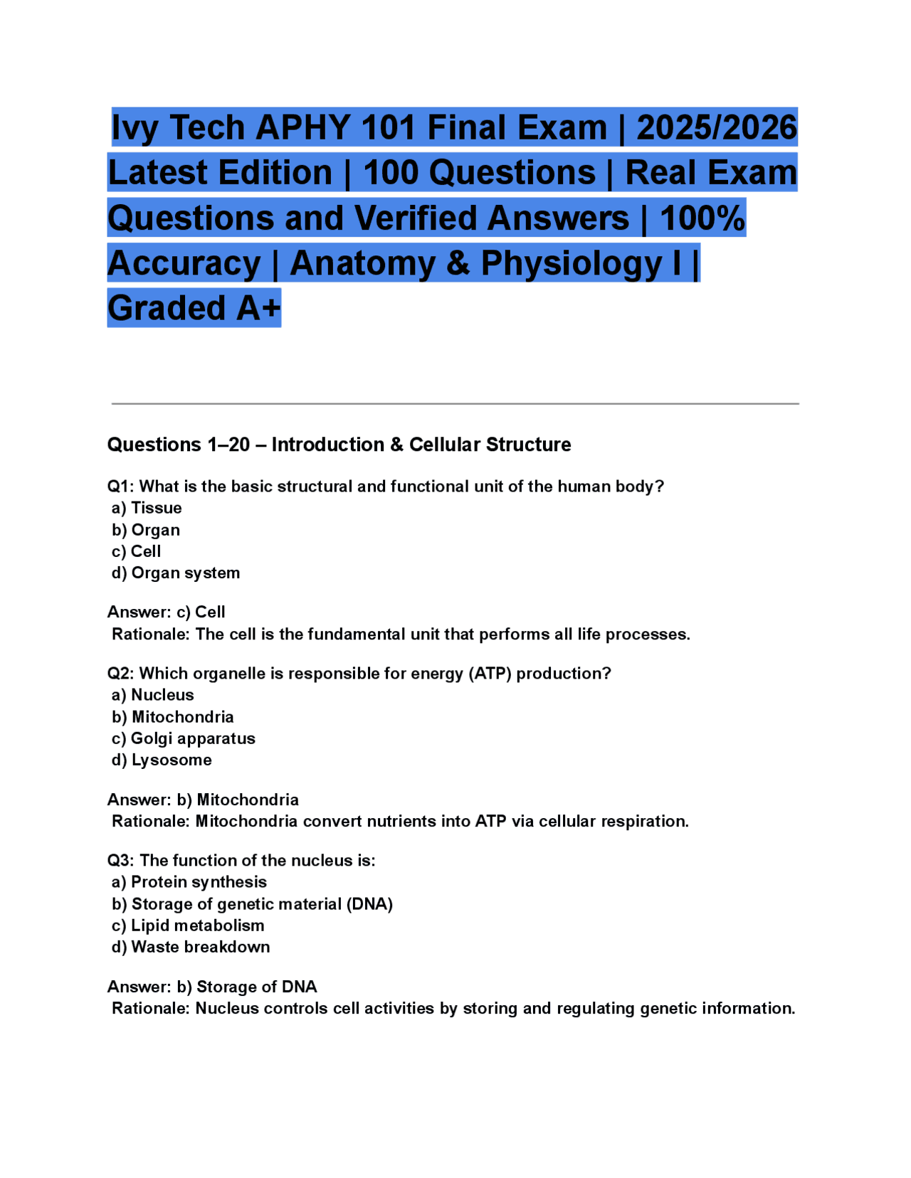Ivy Tech APHY 101 Final Exam _ 2025_2026 Latest Edition _ 100 Questions ...