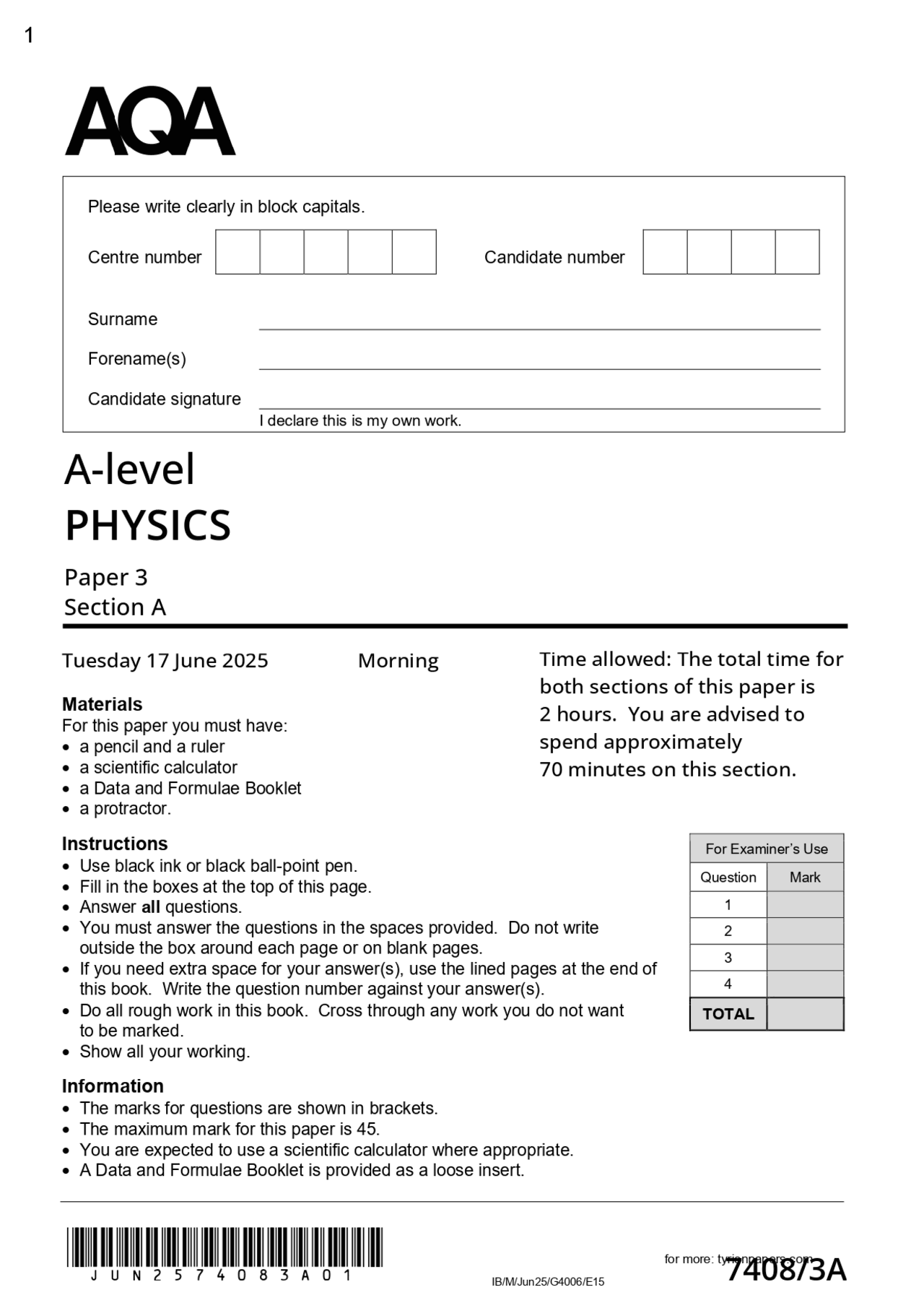 Actual 2025 AQA A-level PHYSICS 7408/3A Paper 3 Section A Question ...