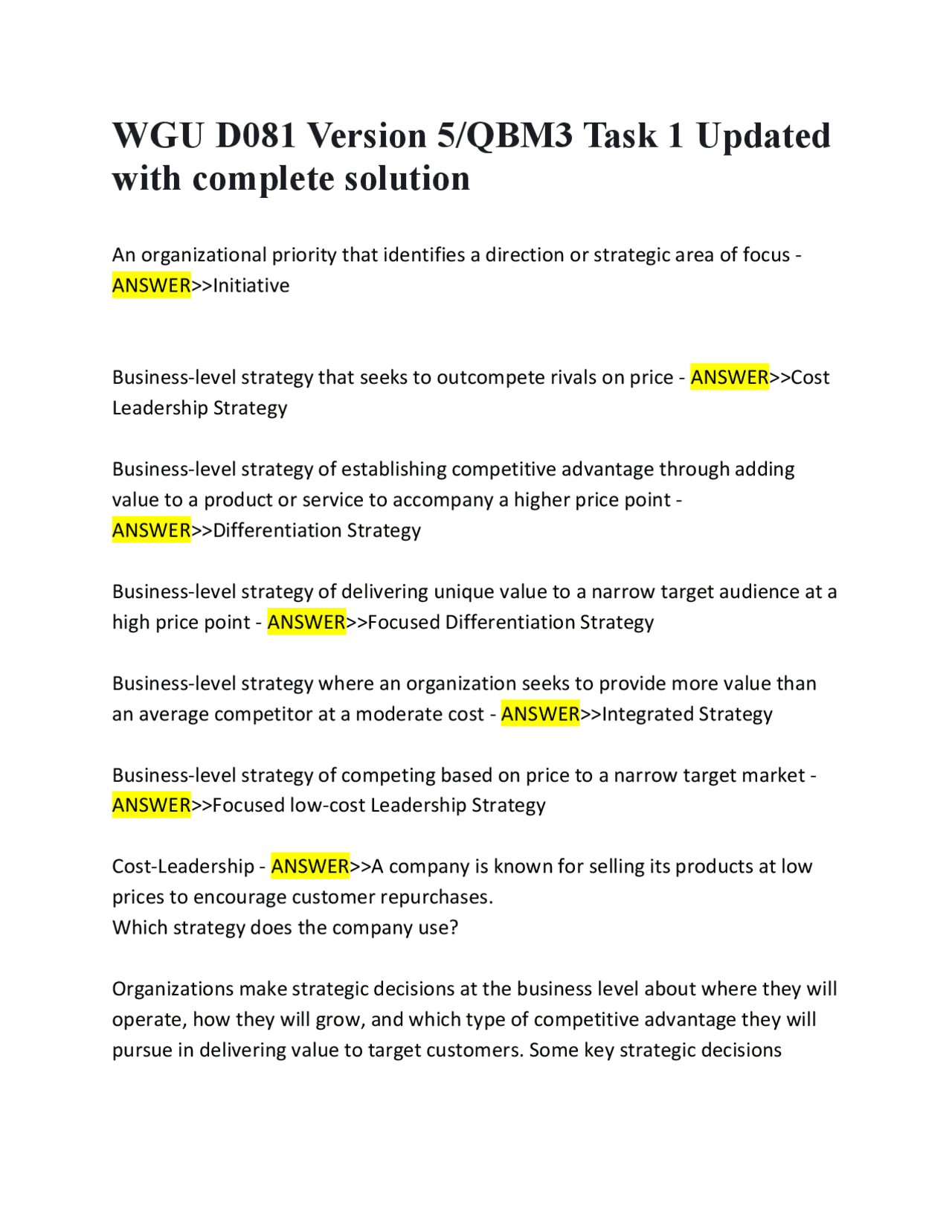 WGU D081 Version 5/QBM3 Task 1 Updated with complete solution | Exams ...