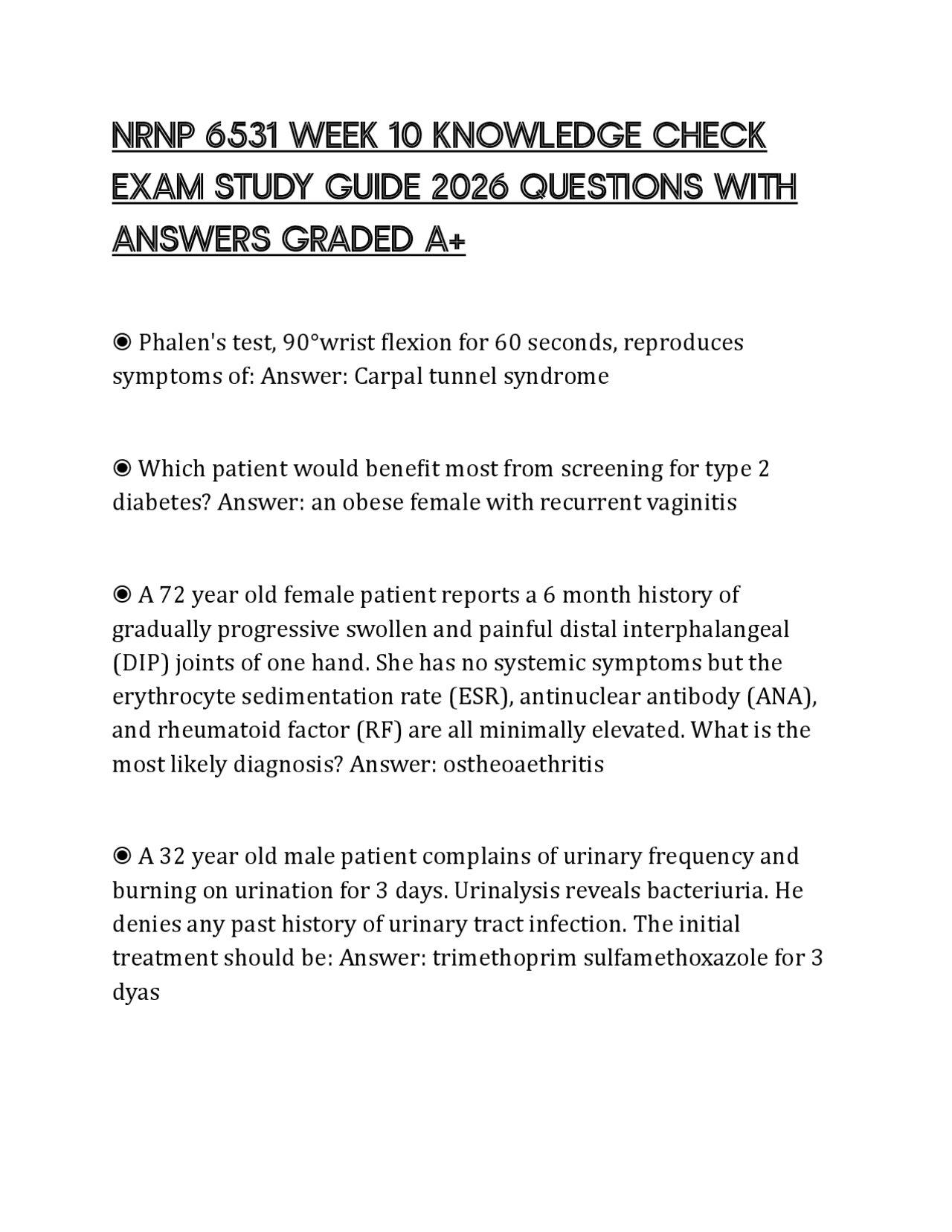 NRNP 6531 WEEK 10 KNOWLEDGE CHECK EXAM STUDY GUIDE 2026 QUESTIONS WITH ...