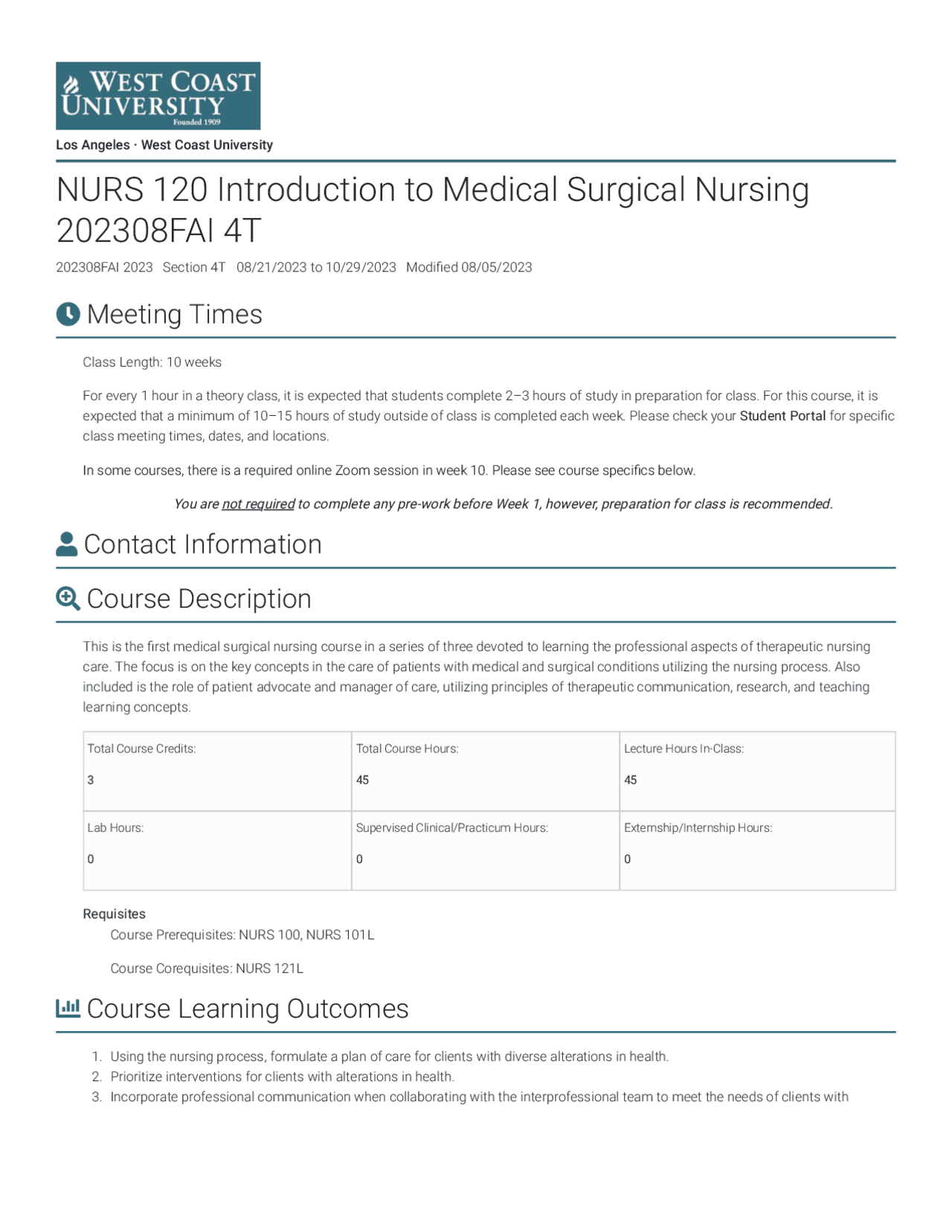 NURS 120: Introduction to Medical Surgical Nursing - Course Overview ...
