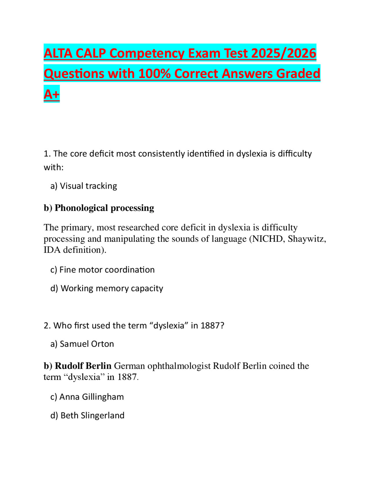 ALTA CALP Competency Exam Test 20252026 Questions with 100% Correct ...