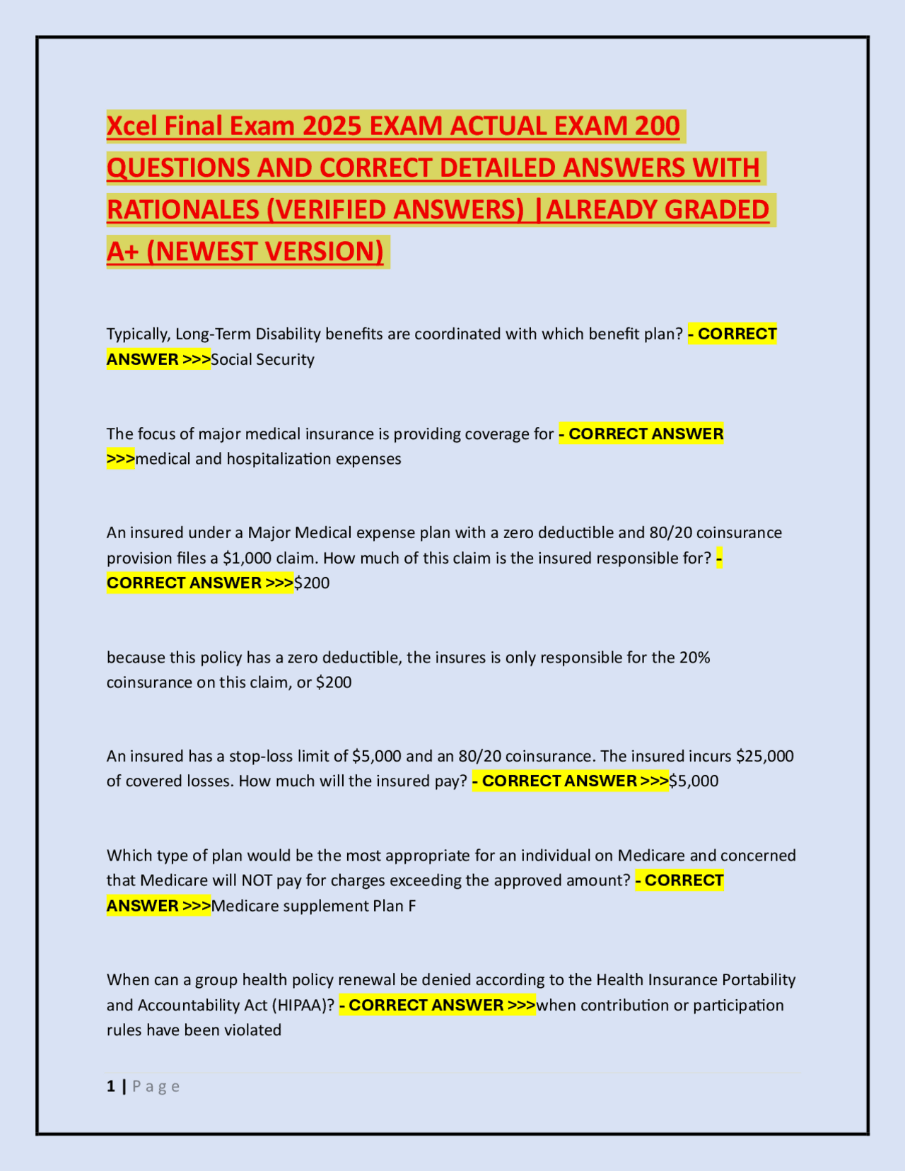 Xcel Final Exam 2025 EXAM ACTUAL EXAM 200 QUESTIONS AND CORRECT ...