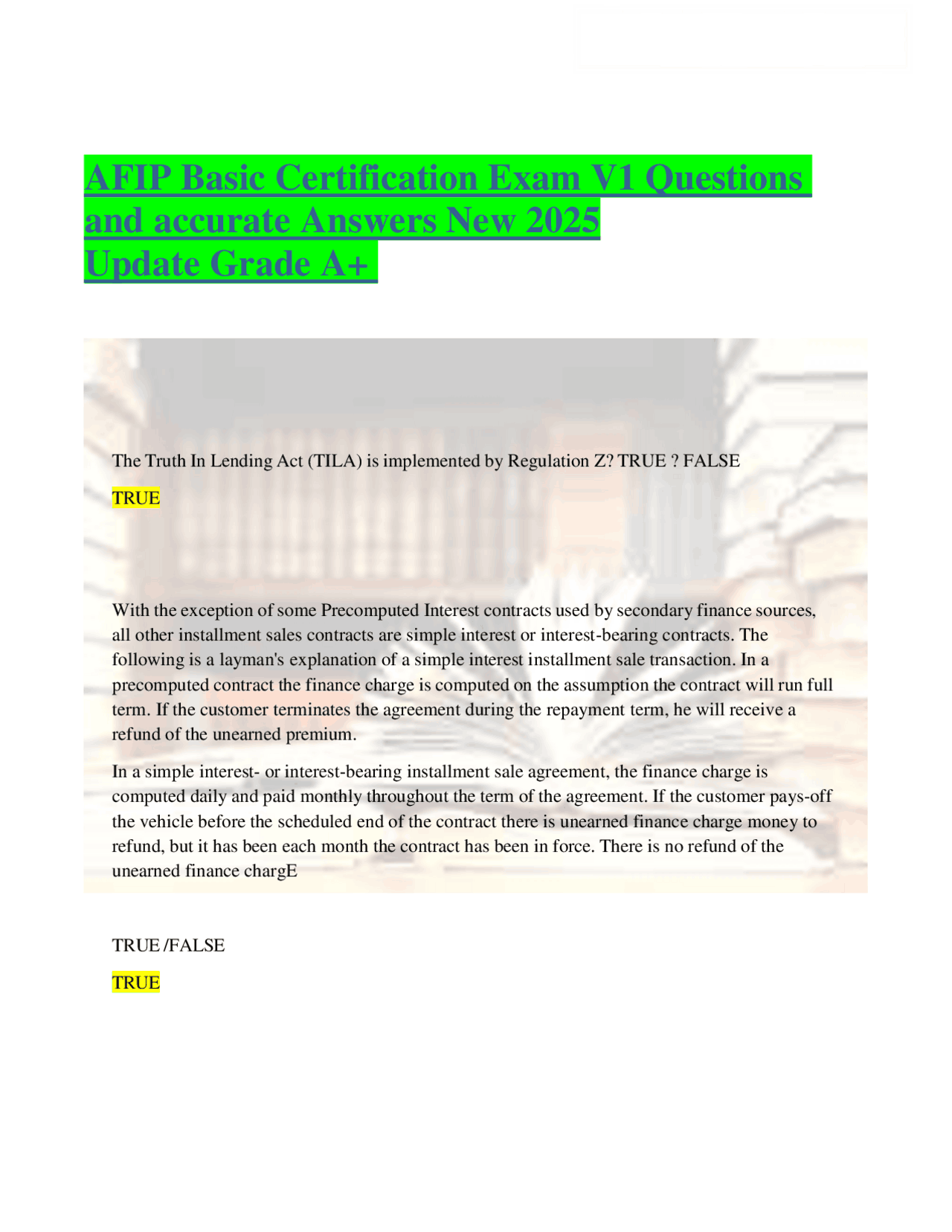 AFIP Basic Certification Exam: Truth in Lending Act (TILA) Q&A | Exams ...