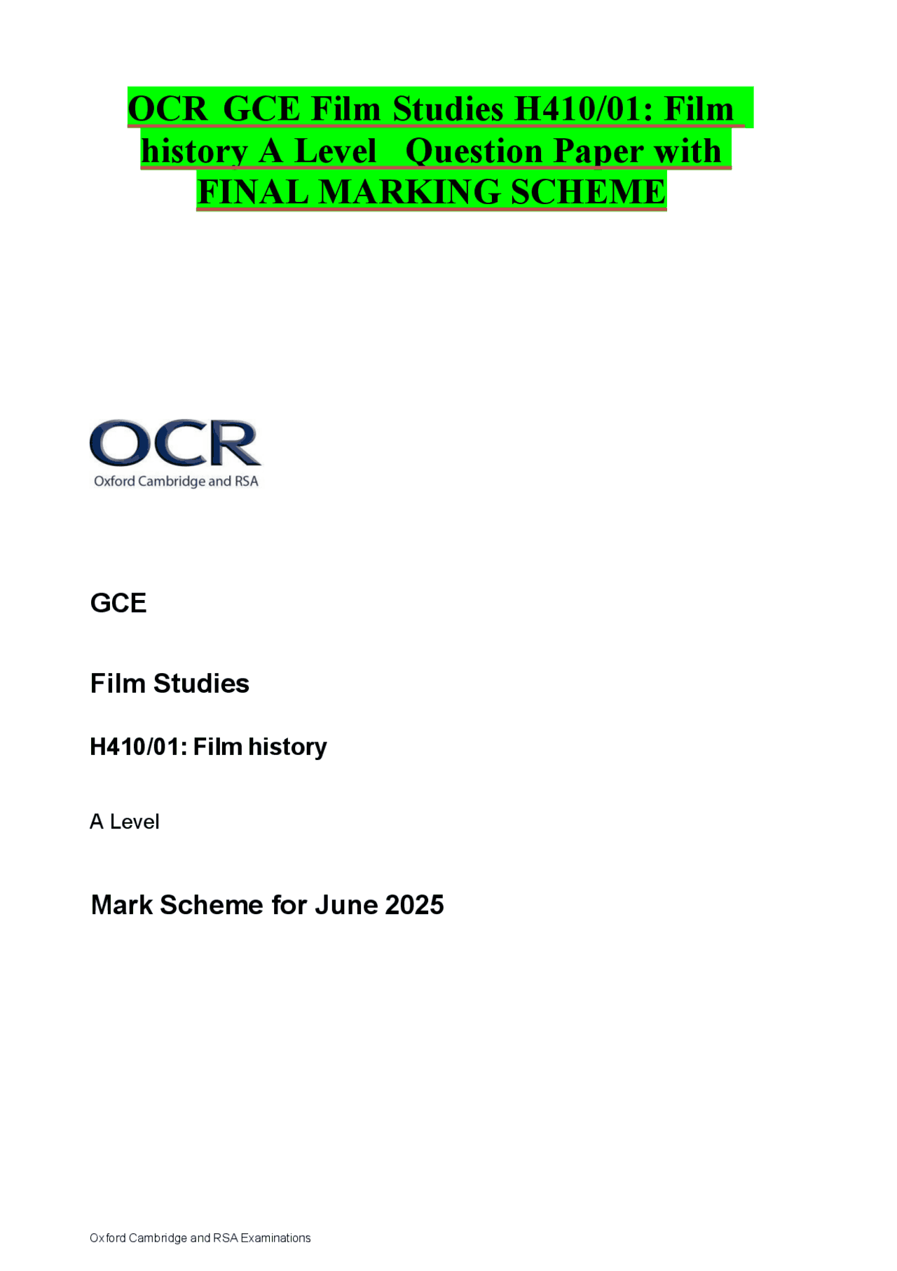 Film Studies A Level Exam: Marking Scheme for Film History (June 2025 ...