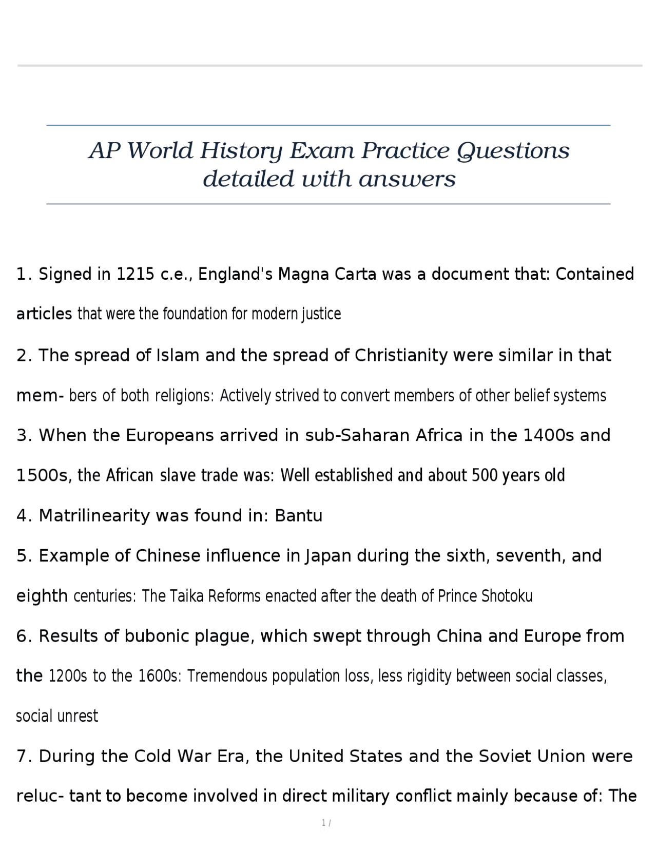 AP World History Exam Practice Questions with Detailed Answers | Exams ...