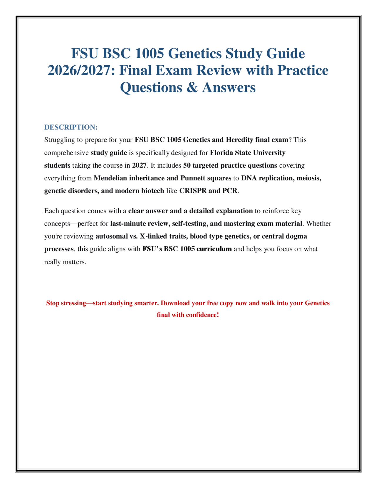 BSC 1005 Genetics Exam Review: FSU Study Guide with Practice Questions ...