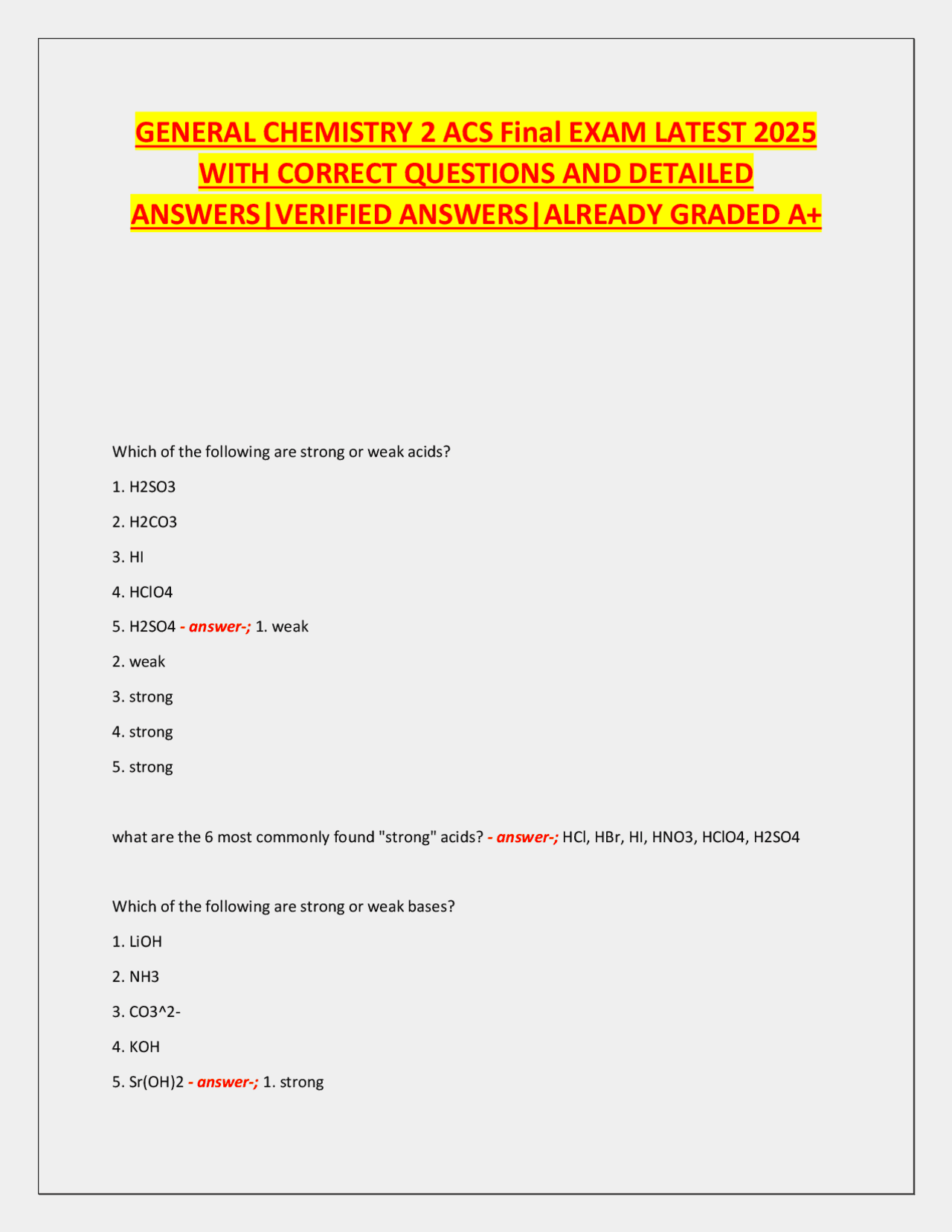 General Chemistry 2 ACS Final Exam Questions and Answers | Exams ...