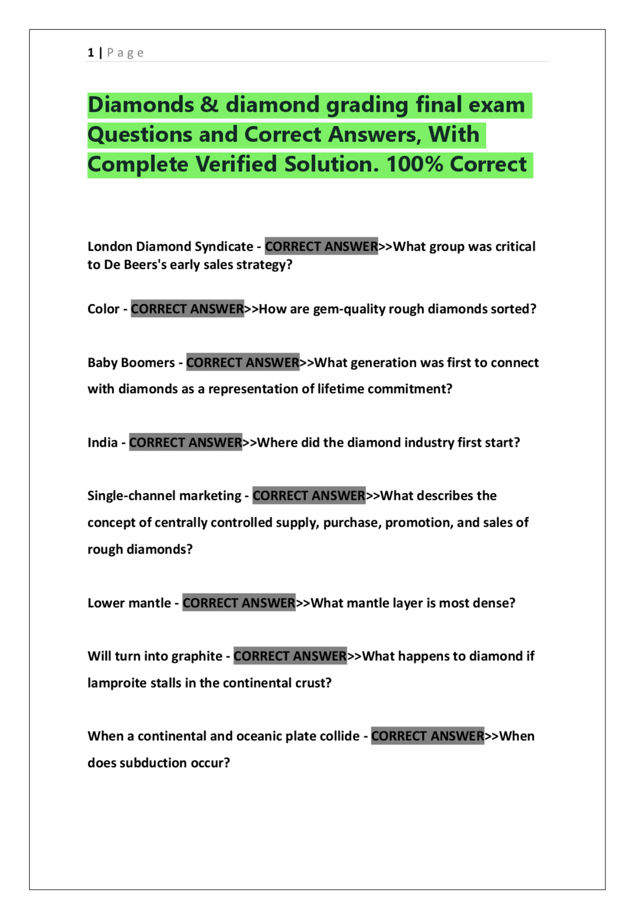 Diamonds & diamond grading final exam Questions and Correct Answers ...