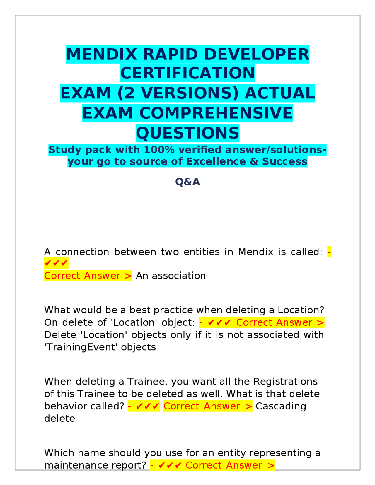 MENDIX RAPID DEVELOPER CERTIFICATION EXAM (2 VERSIONS) ACTUAL EXAM ...