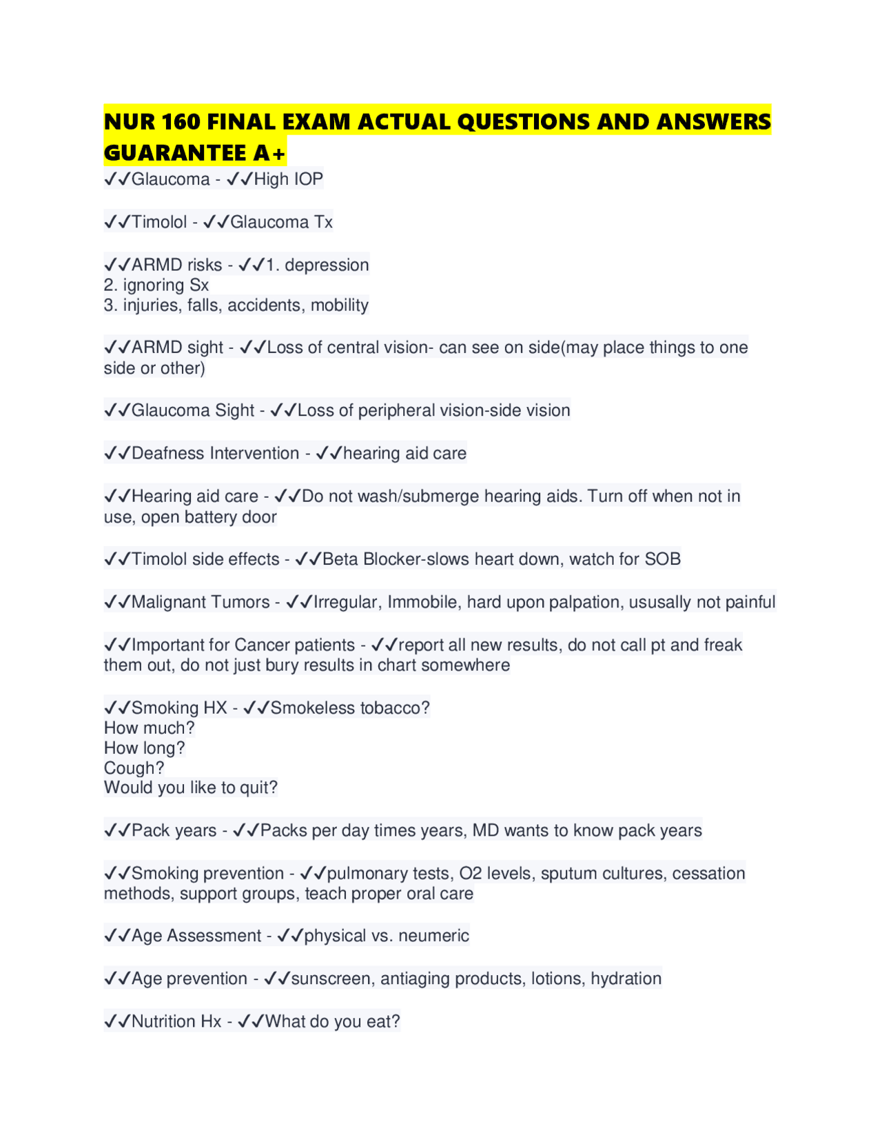 NUR 160 FINAL EXAM ACTUAL QUESTIONS AND ANSWERS GUARANTEE A+ | Exams ...