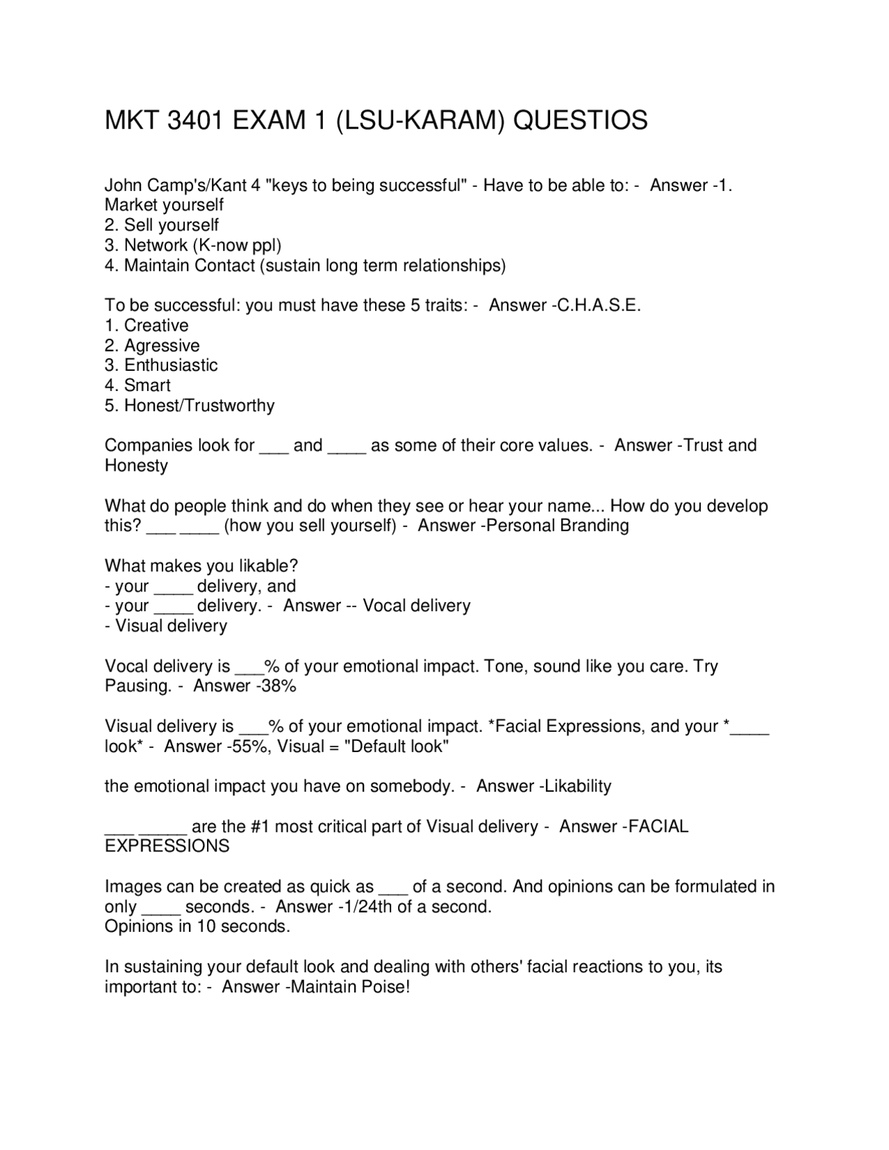 MKT 3401 Exam 1 Review: Key Marketing Concepts and Strategies | Exams ...