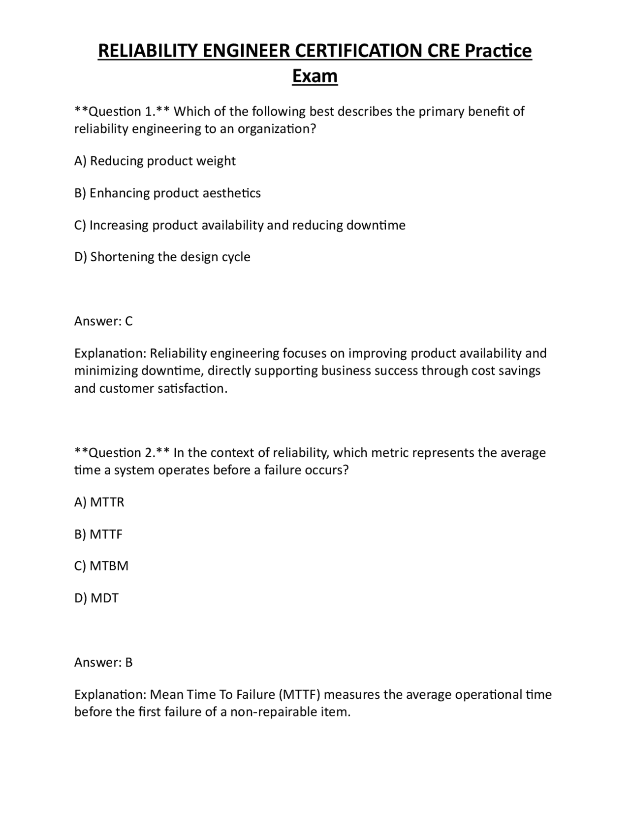 RELIABILITY ENGINEER CERTIFICATION CRE Practice Exam | Exams Technology ...