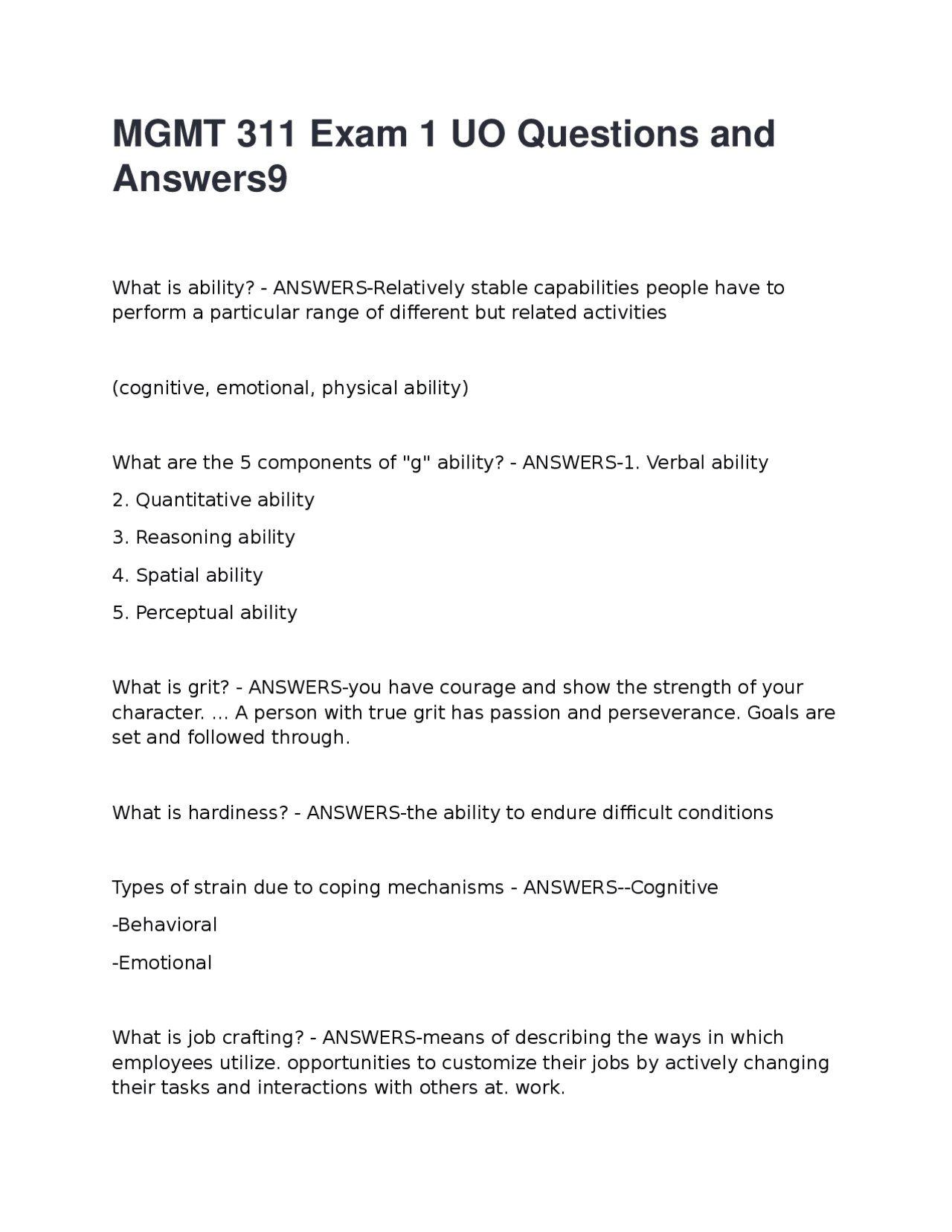 MGMT 311 Exam 1: Questions and Answers on Organizational Behavior ...