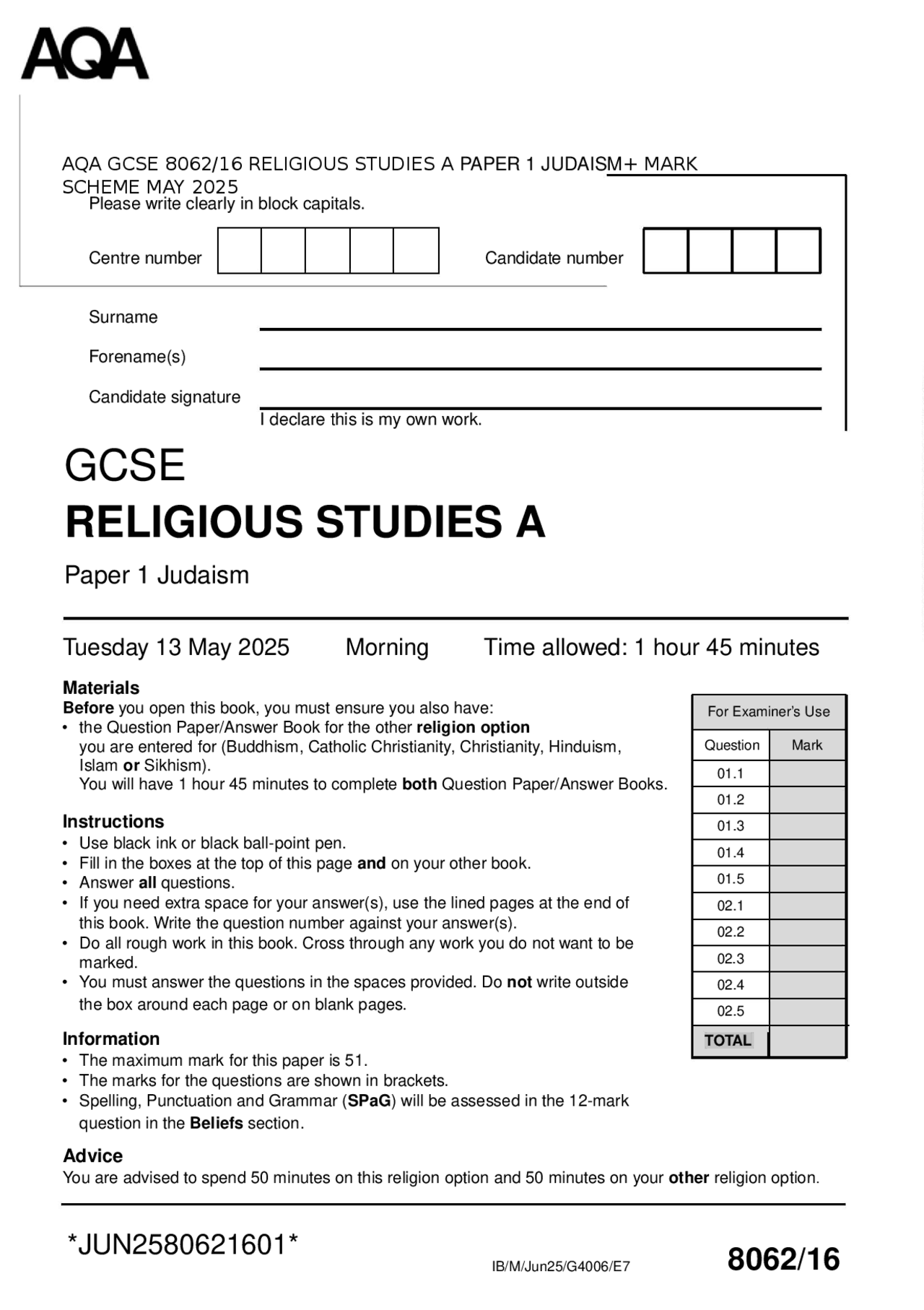 AQA GCSE 8062/16 RELIGIOUS STUDIES A PAPER 1 JUDAISM+ MARK SCHEME MAY ...