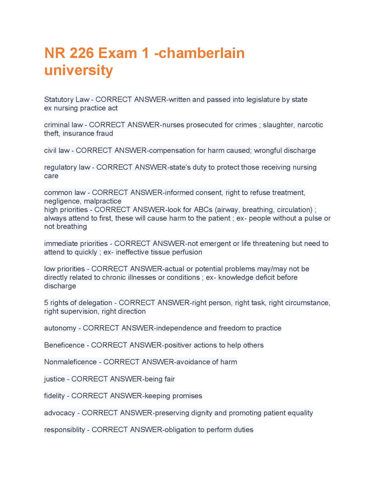 NR 226 Exam 1 -chamberlain university Questions and Answers Best rated ...