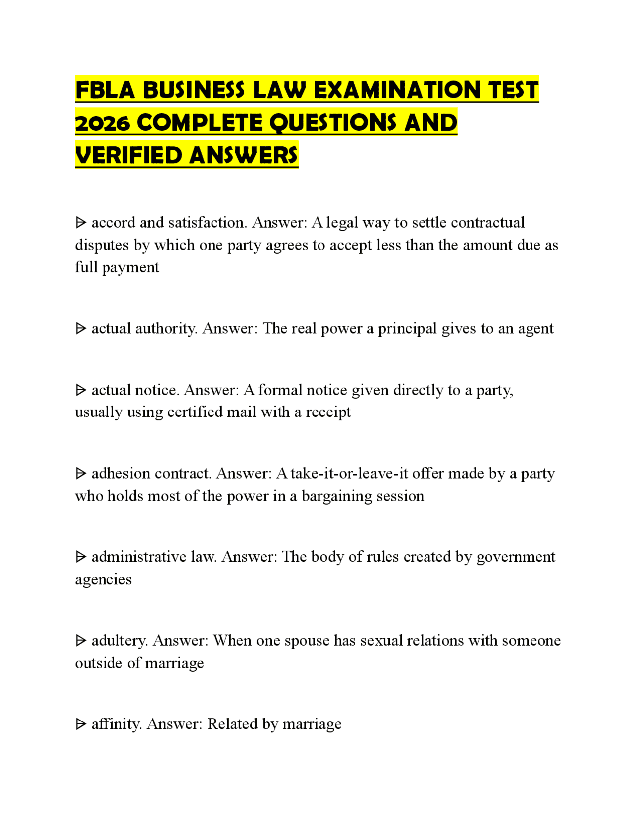 Fbla Testing FBLA BUSINESS LAW EXAMINATION TEST 2026 COMPLETE QUESTIONS AND VERIFIED ...