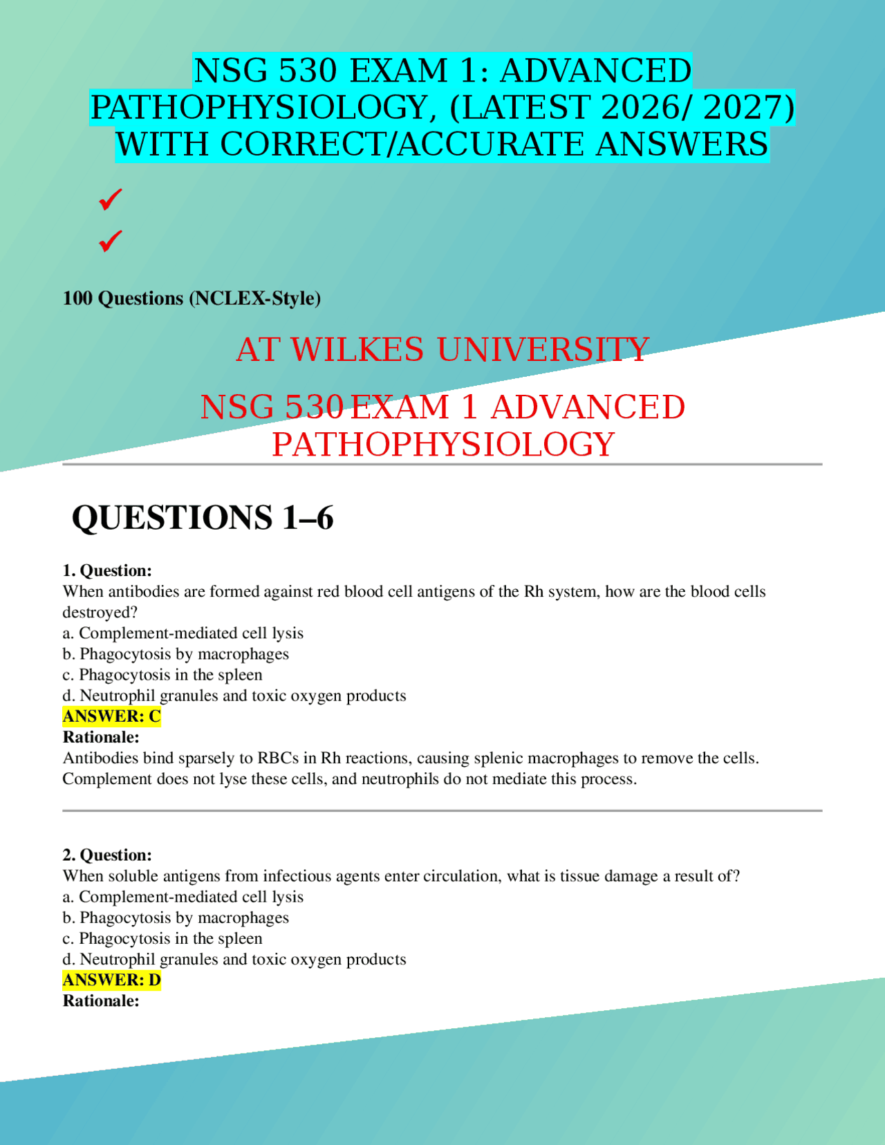 NSG 530 EXAM 1: ADVANCED PATHOPHYSIOLOGY, (LATEST 2026/ 2027) WITH ...