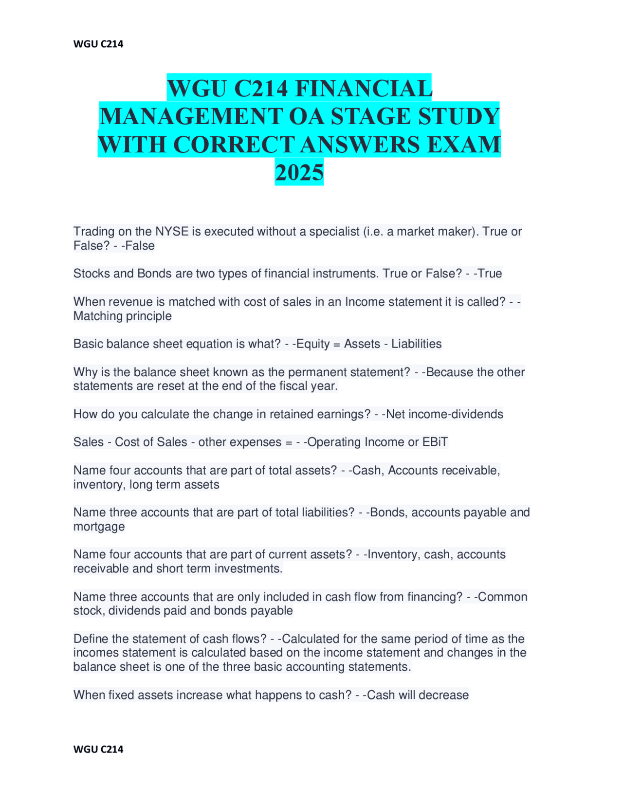 WGU C214 FINANCIAL MANAGEMENT OA STAGE STUDY WITH CORRECT ANSWERS EXAM ...