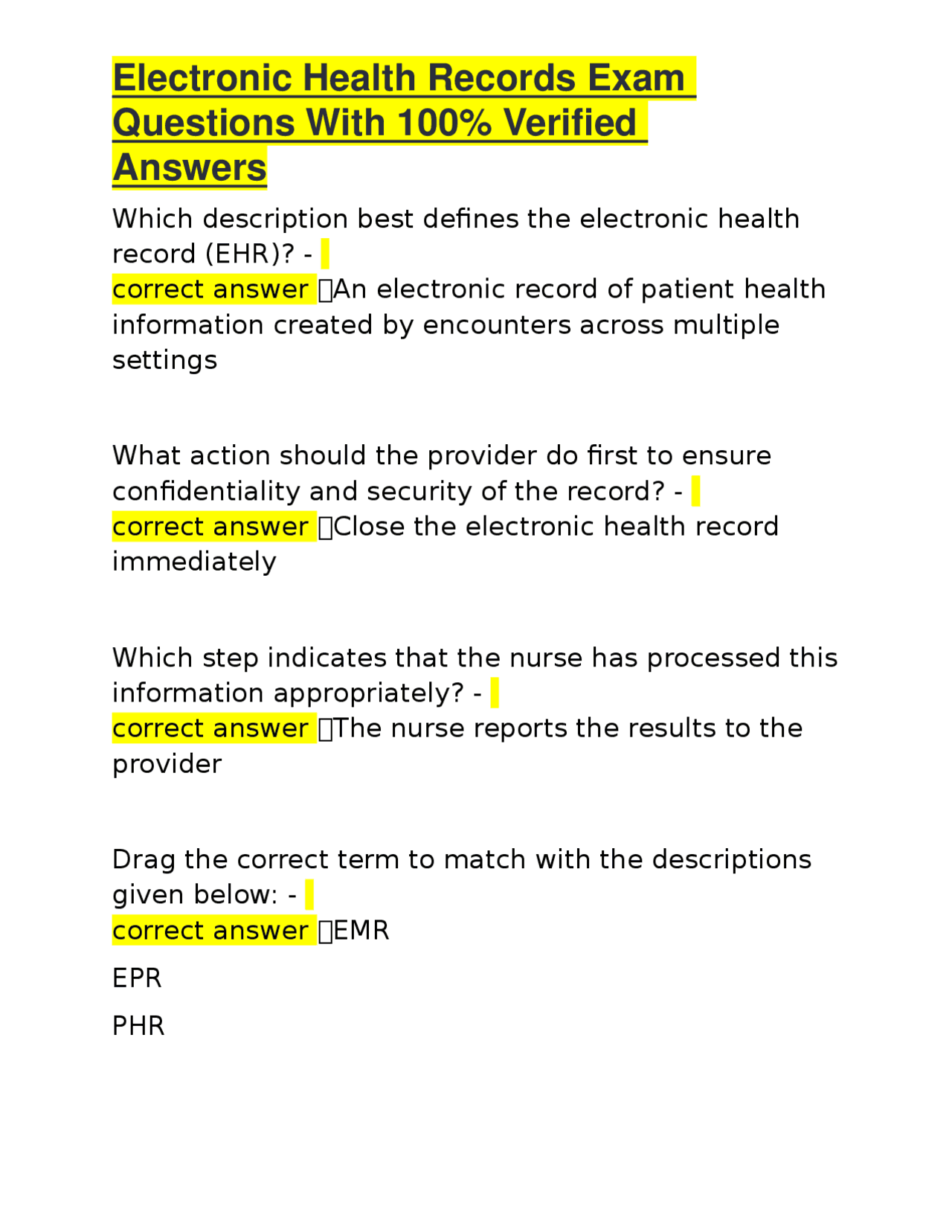 EHR Exam Questions and Answers for Healthcare Professionals | Exams ...