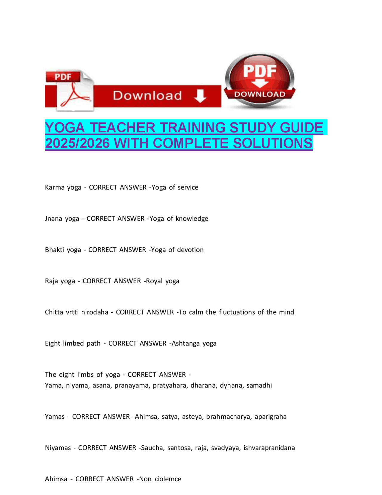YOGA TEACHER TRAINING STUDY GUIDE 2025-2026 WITH COMPLETE SOLUTIONS | Exams Advanced Education ...