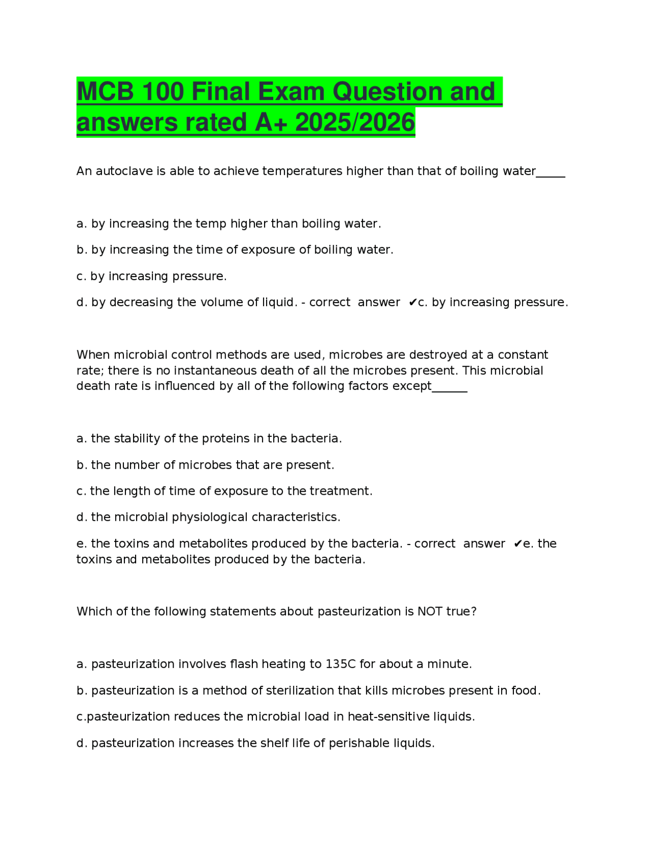 MCB 100 Final Exam Questions and Answers (A+ Rated) | Exams Advanced ...