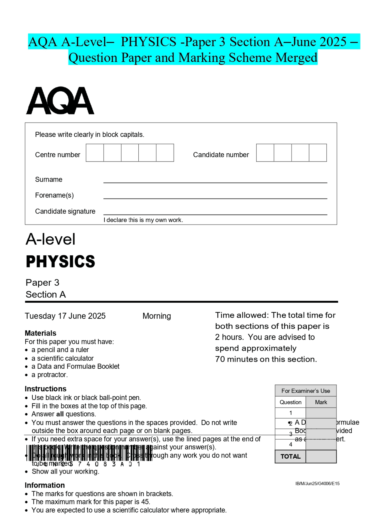 AQA A-Level- PHYSICS -Paper 3 Section A-June 2025 - Question Paper and ...