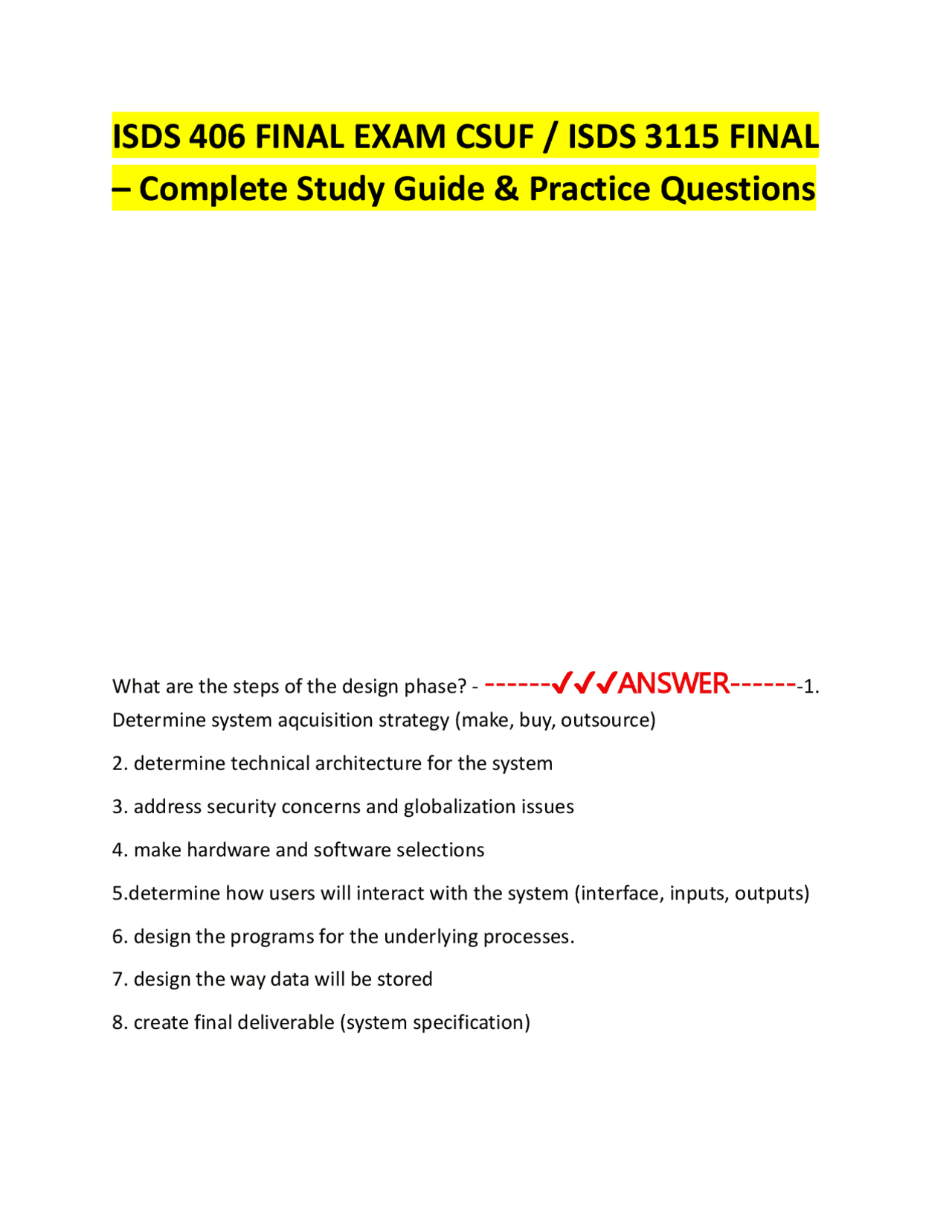 ISDS 406 FINAL EXAM CSUF / ISDS 3115 FINAL – Complete Study Guide ...