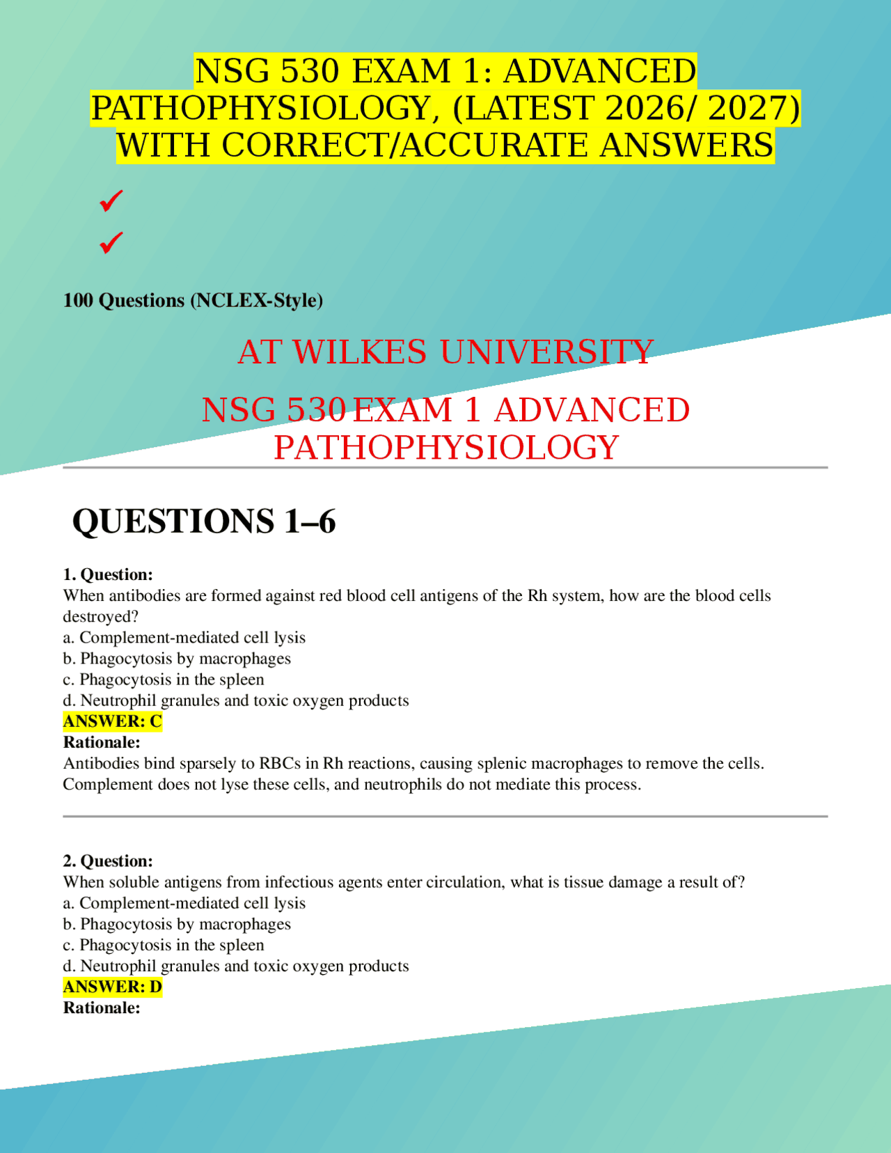 NSG 530 EXAM 1: ADVANCED PATHOPHYSIOLOGY, (LATEST 2026/ 2027) WITH ...