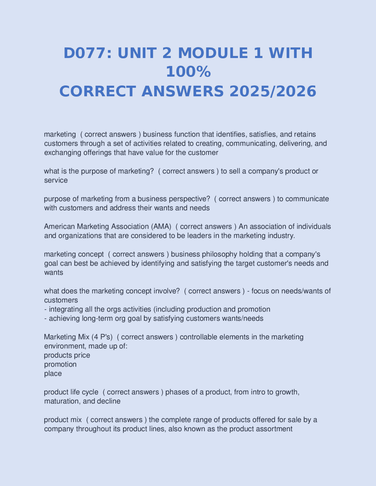 D077: UNIT 2 MODULE 1 WITH 100% CORRECT ANSWERS 2025/2026 | Exams ...