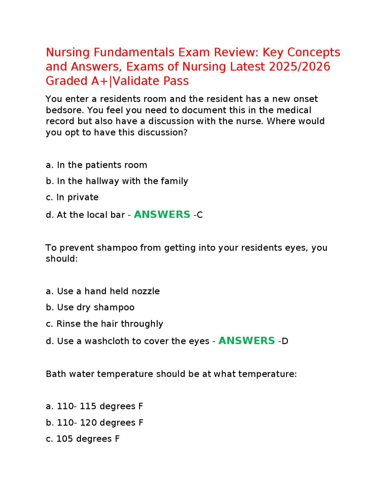 Nursing Fundamentals Exam Review: Key Concepts and Answers, Exams of ...