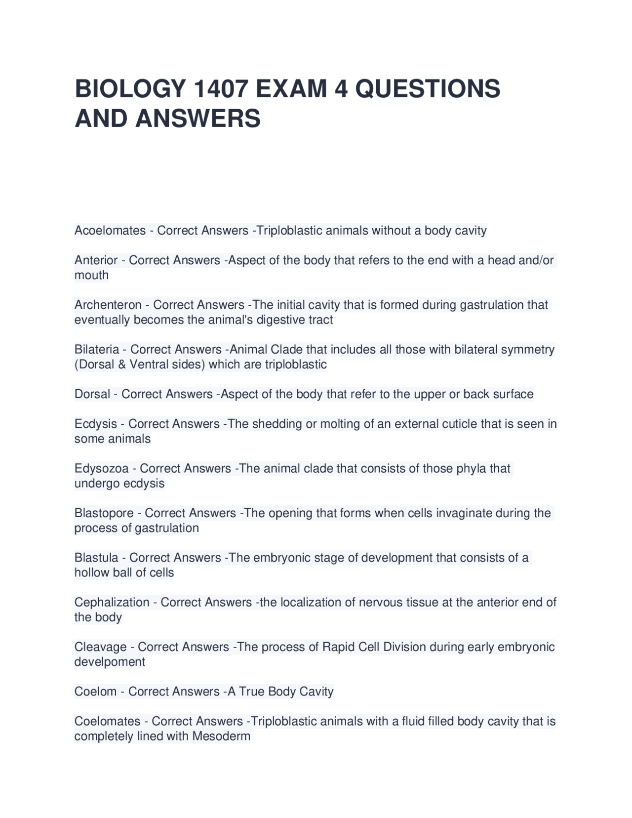 Biology Exam 4 Q&A: Key Concepts and Definitions | Exams Biology | Docsity