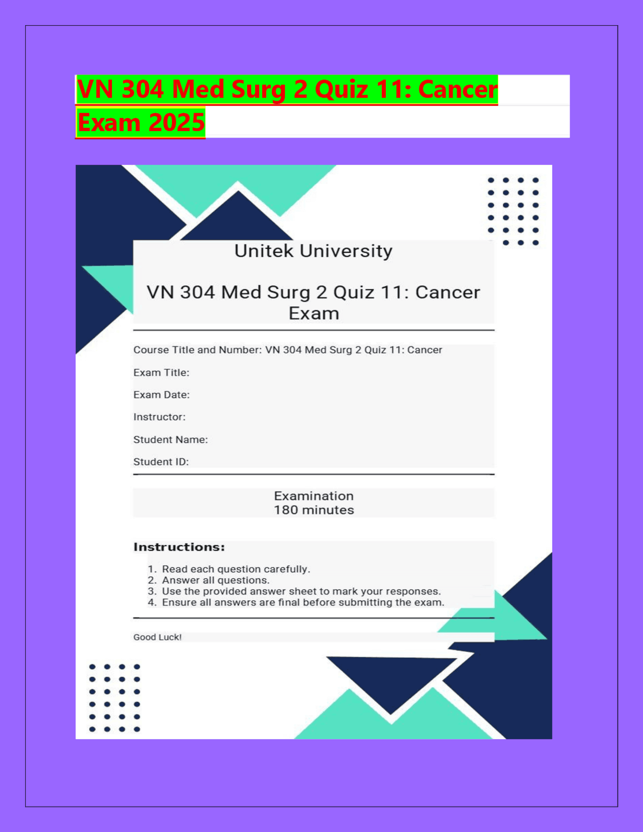 VN 304 Med Surg 2 Quiz 11: Cancer Exam 2025 | Exams Nursing | Docsity