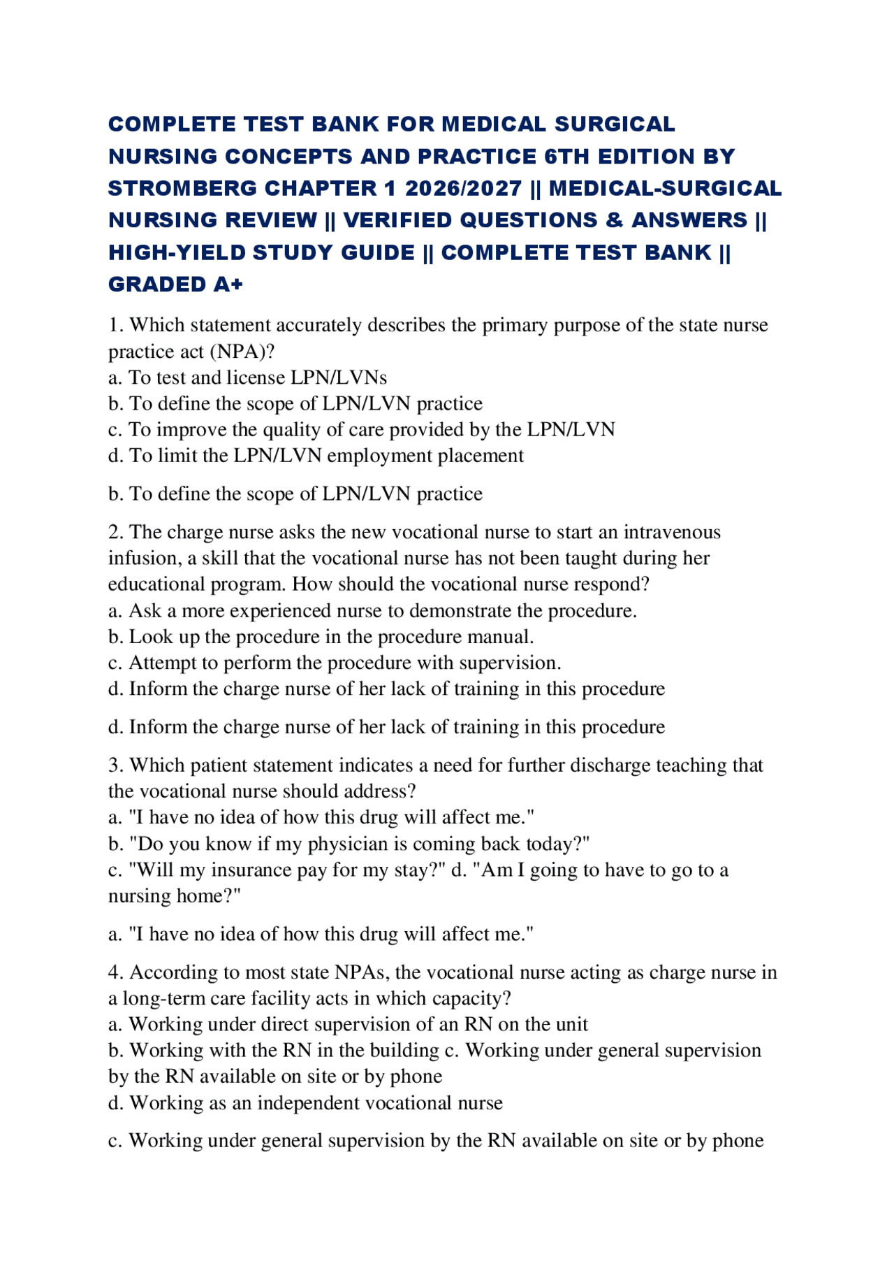 COMPLETE TEST BANK FOR MEDICAL SURGICAL NURSING, CONCEPTS AND