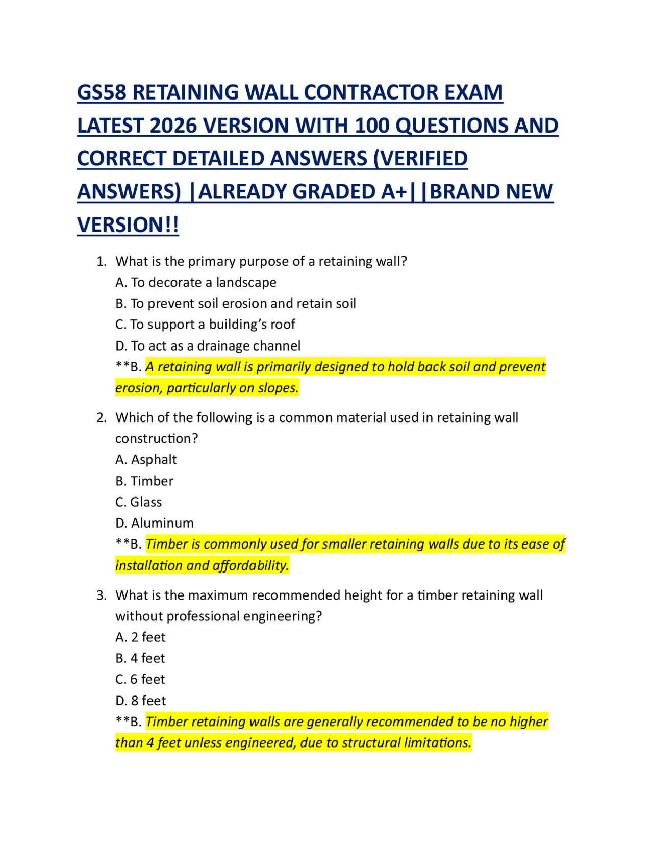 Retaining Wall Contractor Exam: 100 Questions with Verified Answers ...