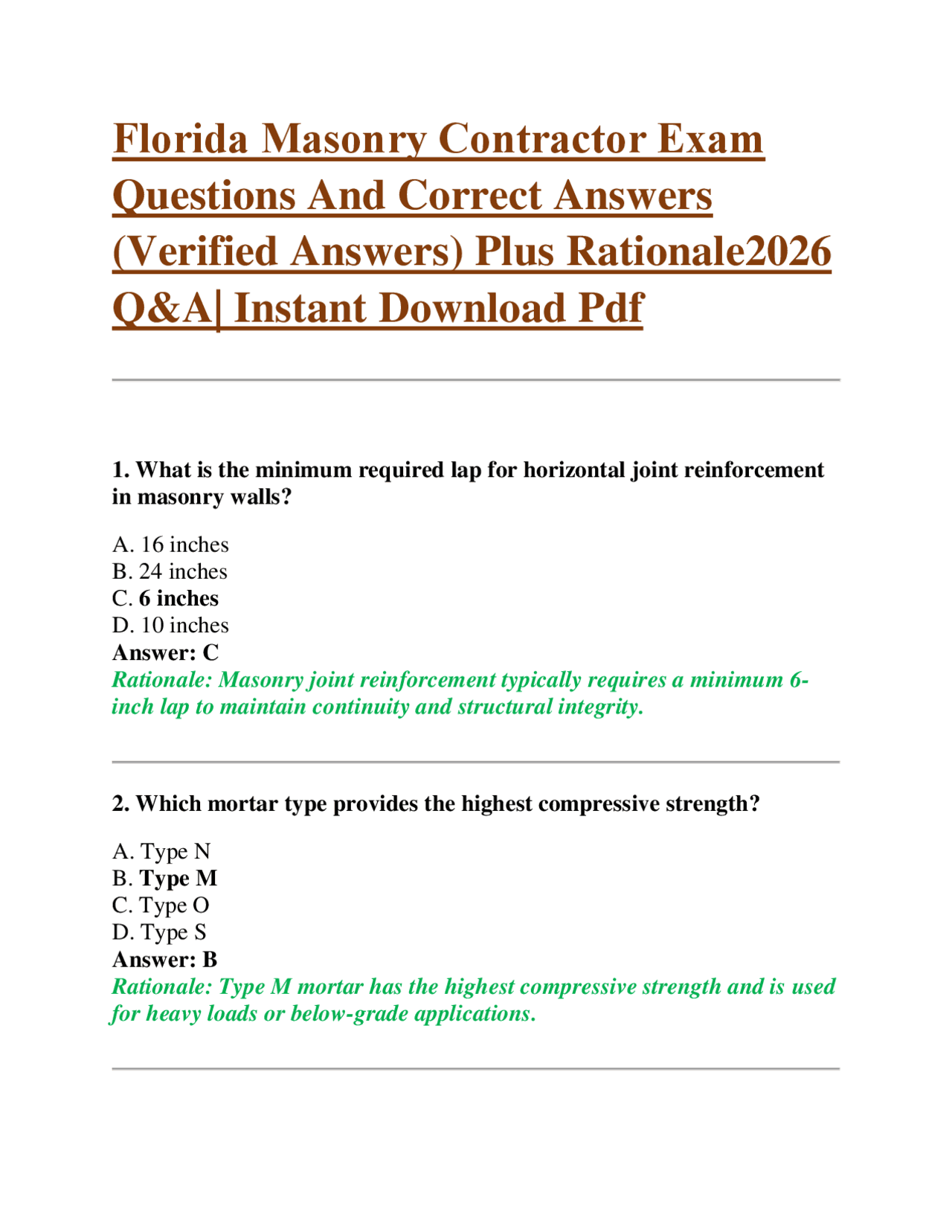 Florida Masonry Contractor Exam Questions And Correct Answers (Verified ...