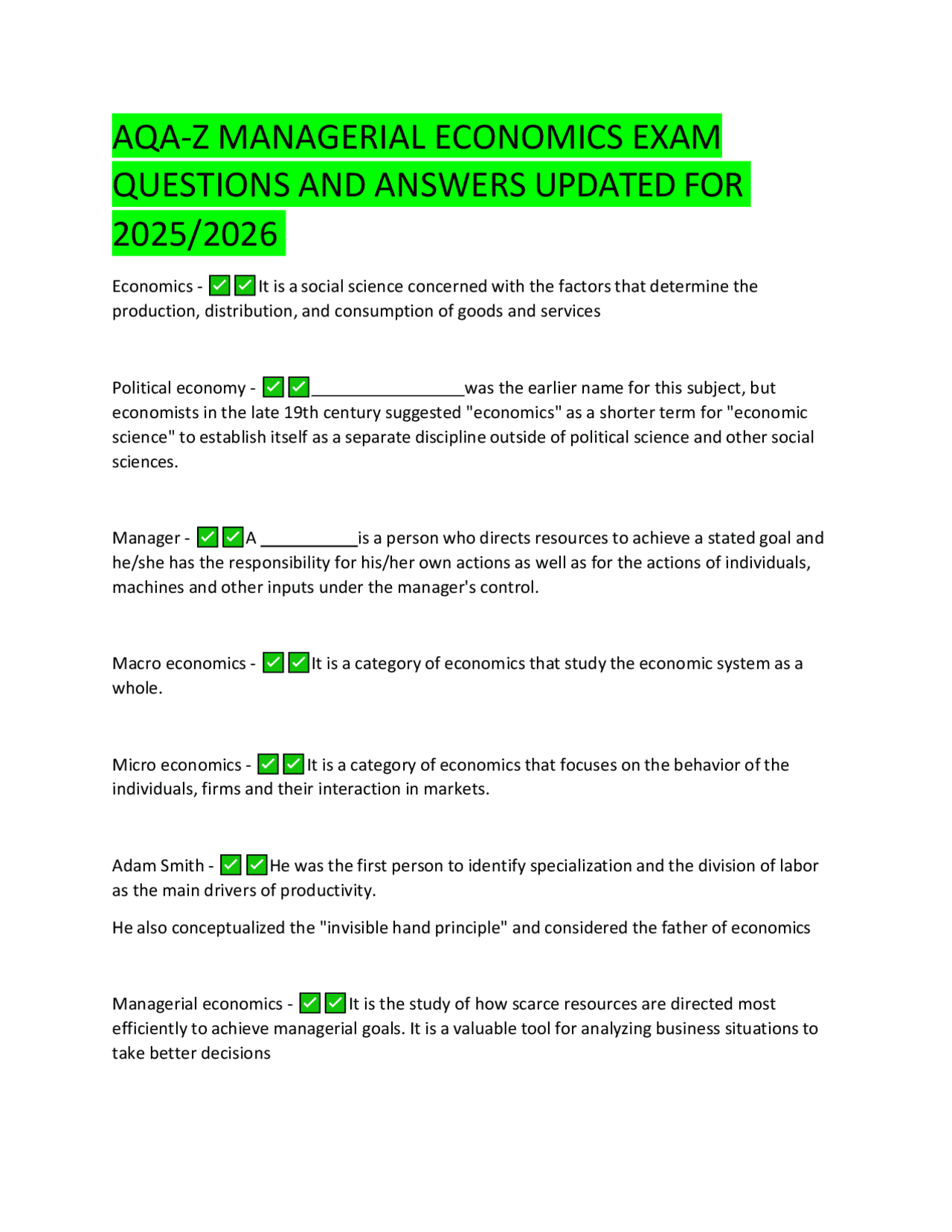 AQA-Z MANAGERIAL ECONOMICS EXAM QUESTIONS AND ANSWERS UPDATED FOR 2025/ ...