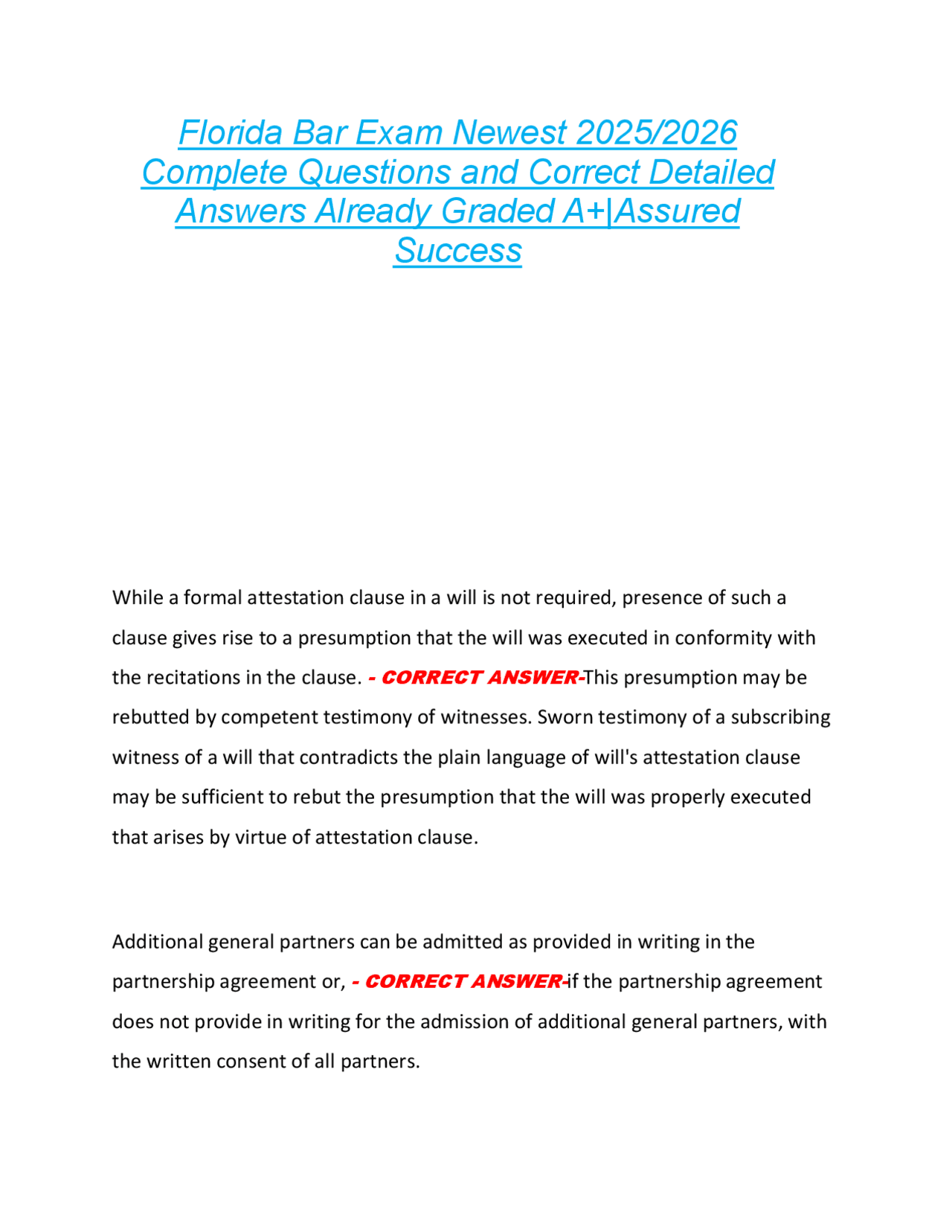 Florida Bar Exam Questions and Answers 2025/2026 | Exams Nursing | Docsity