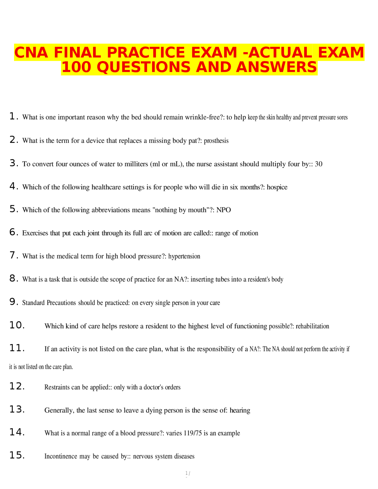 CNA Practice Exam: 100 Questions and Answers for Nursing Assistants ...