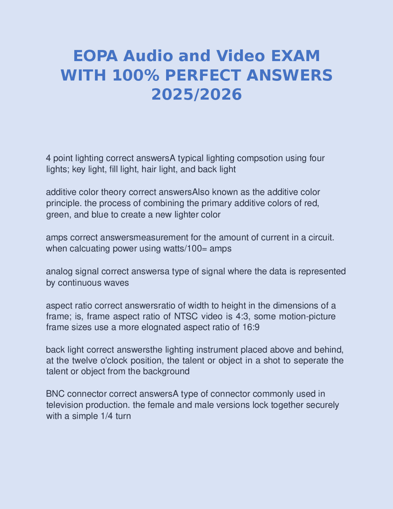 EOPA Audio and Video EXAM WITH 100% PERFECT ANSWERS 2025/2026 | Exams ...